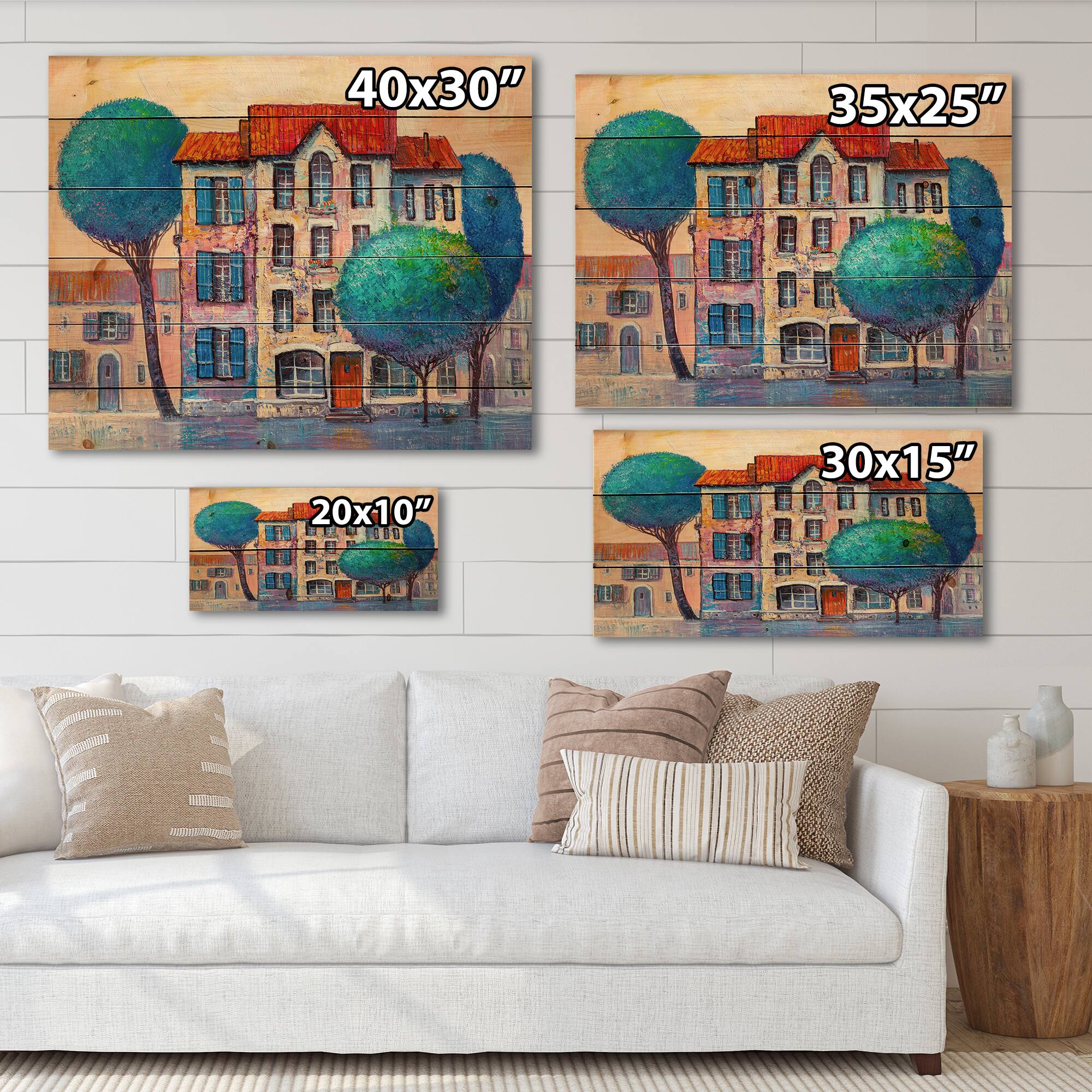 Designart - House With Red Roof and Colorful Autumn Trees - Modern Print on Natural Pine Wood
