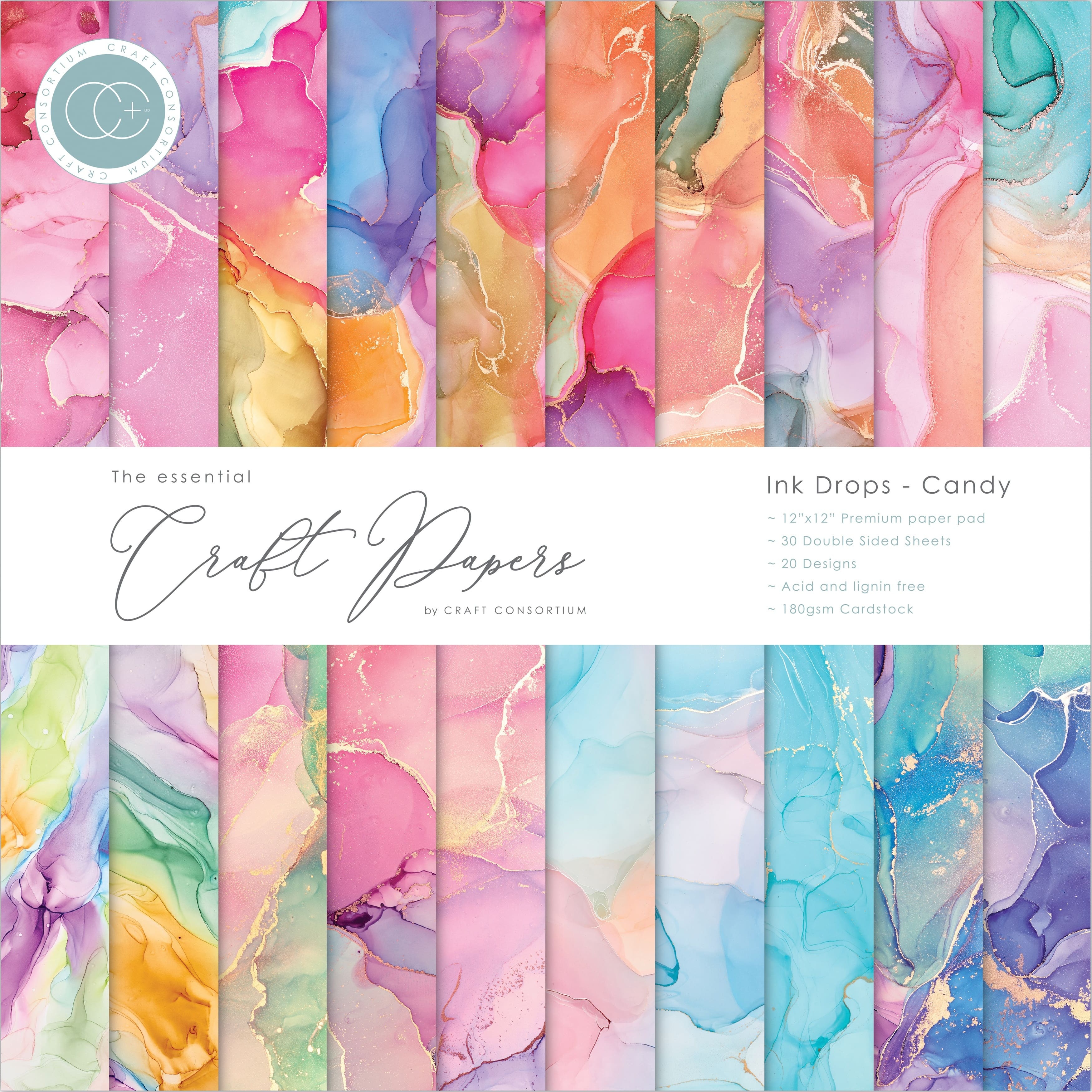Craft Consortium Ink Drops Candy Double-Sided Paper Pad, 12" x 12"