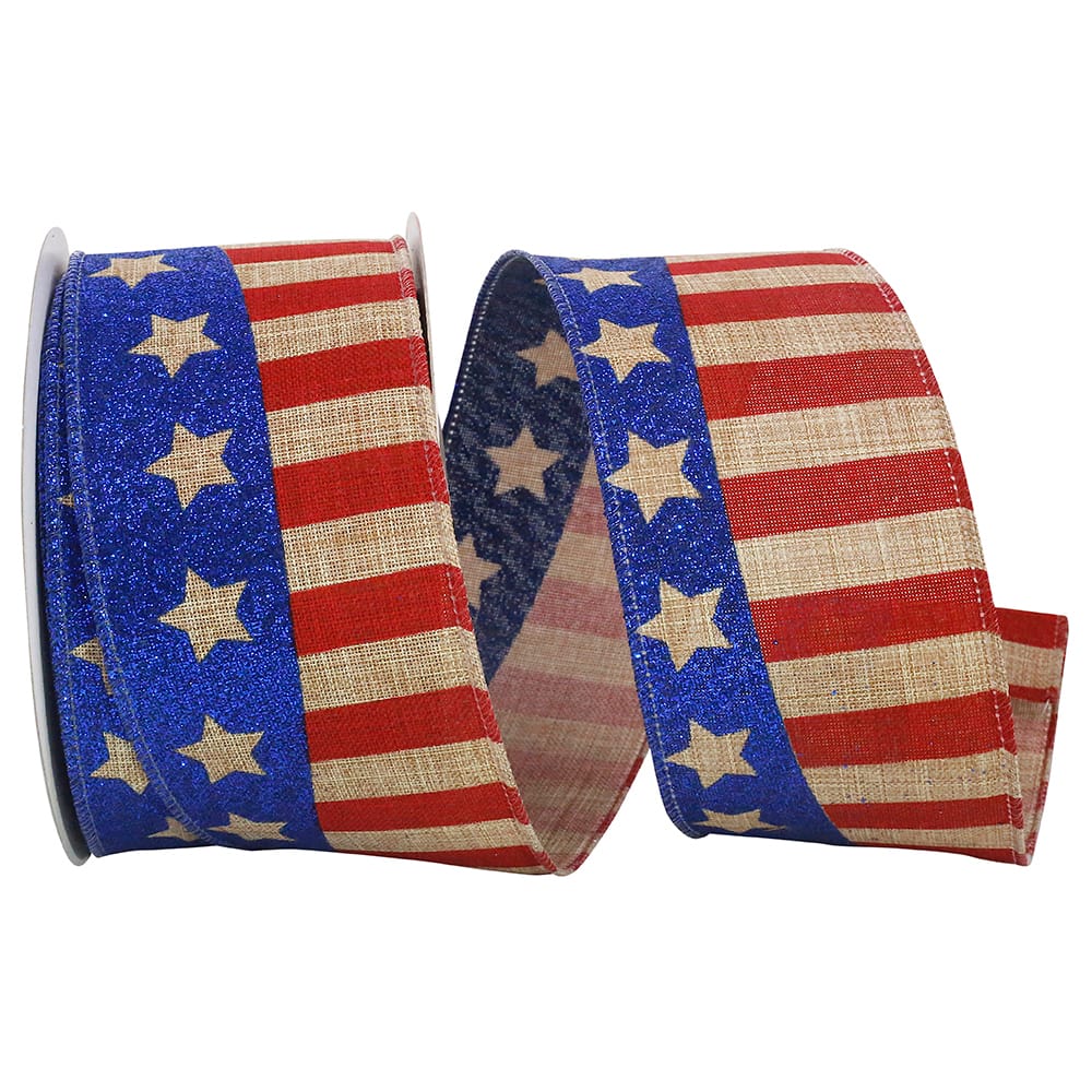 JAM Paper 2.5" x 10yd. Flag Stripe Glitter Wired Ribbon