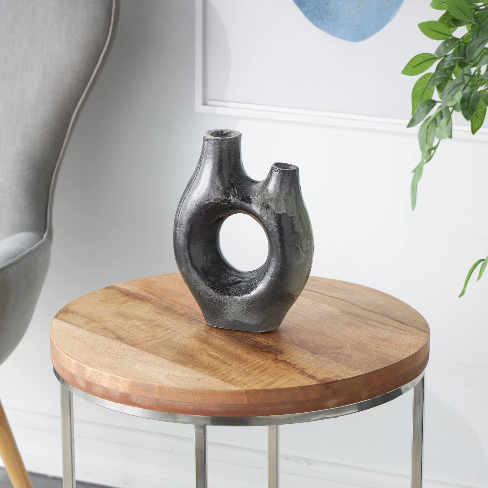 Gray Paper Mache Abstract Circular Vase with Dual Openings