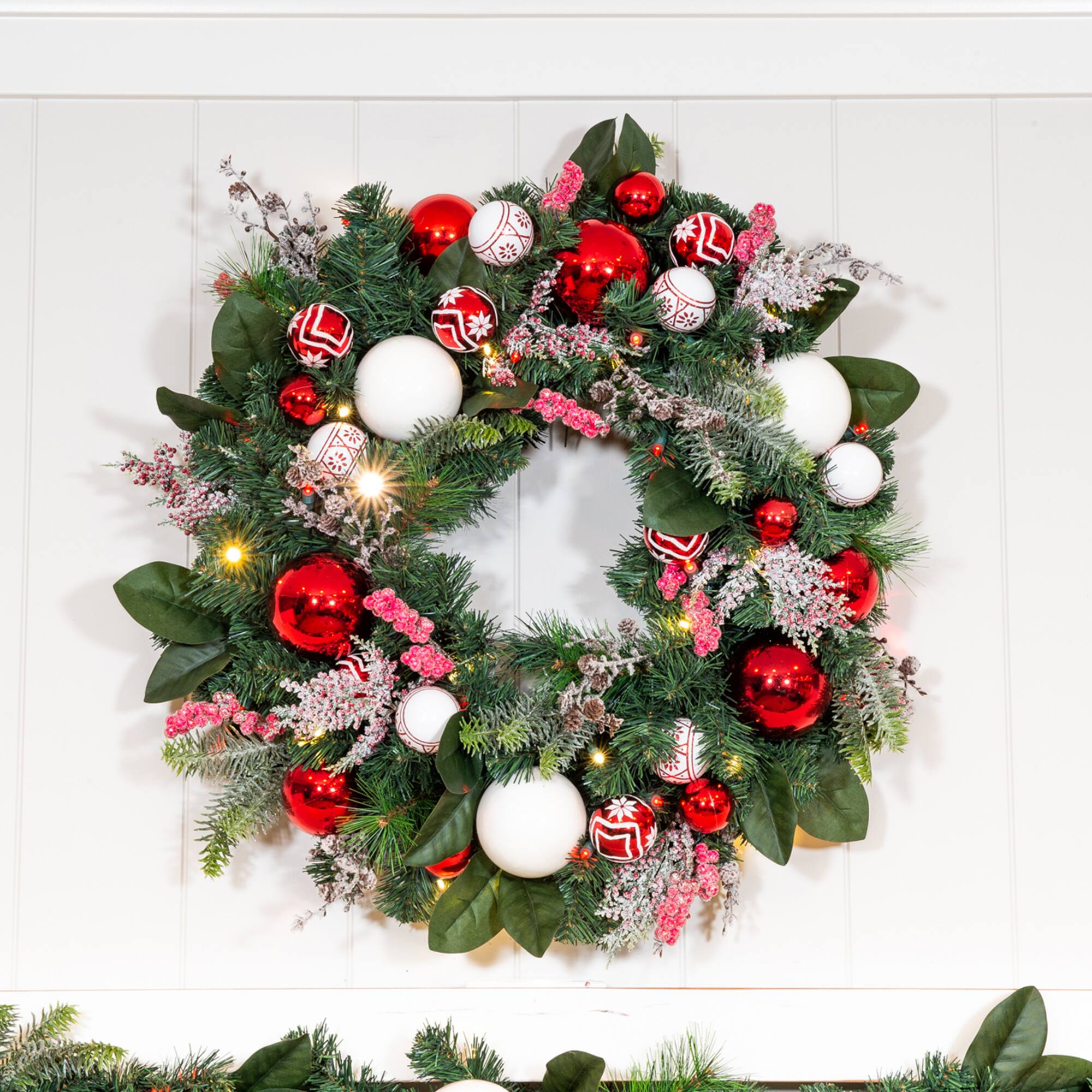 Village Lighting 30&#x22; Pre-Lit Nordic Christmas Wreath, Red &#x26; Clear LED Lights