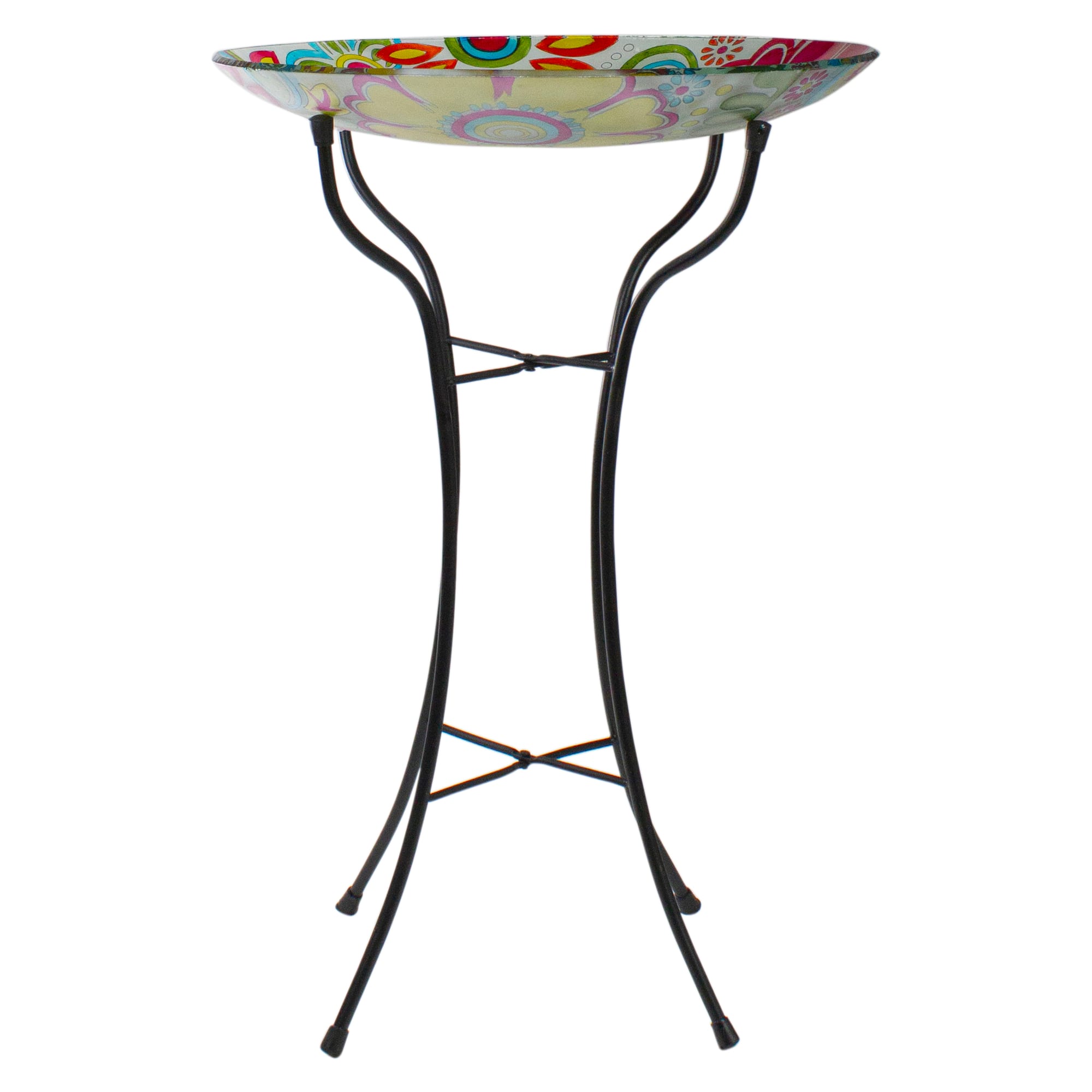 25" Pastel Pink & Blue Flowers Glass Patio Bird Bath