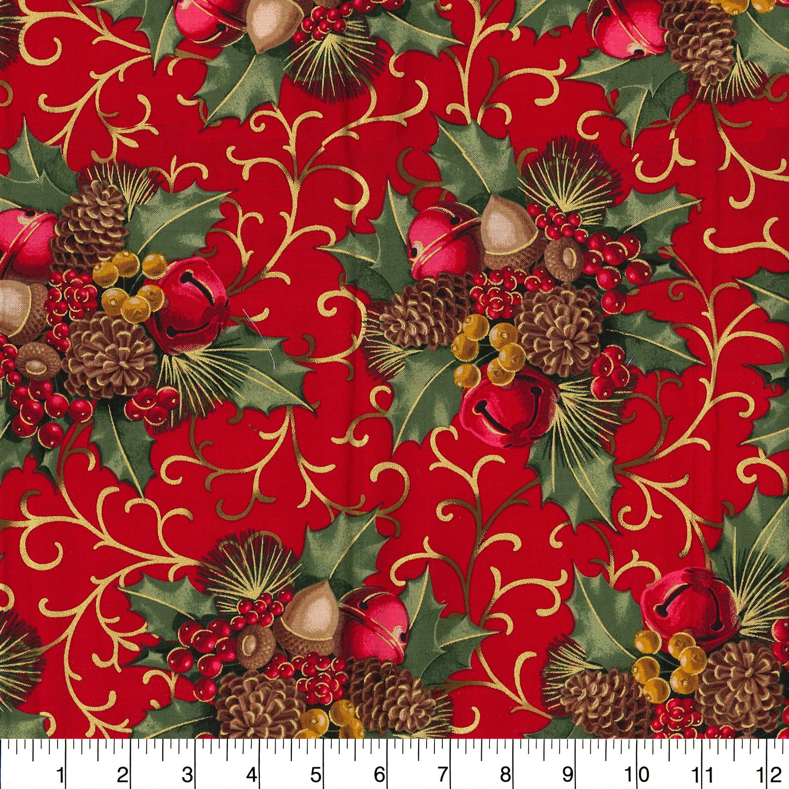 Fabric Traditions Christmas Red Glitter Berries &#x26; Bells Cotton Fabric