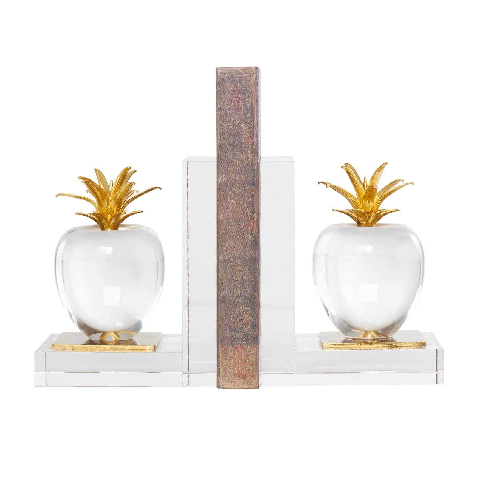 6" Clear Crystal Fruit Apple Bookends with Gold Leaves Set