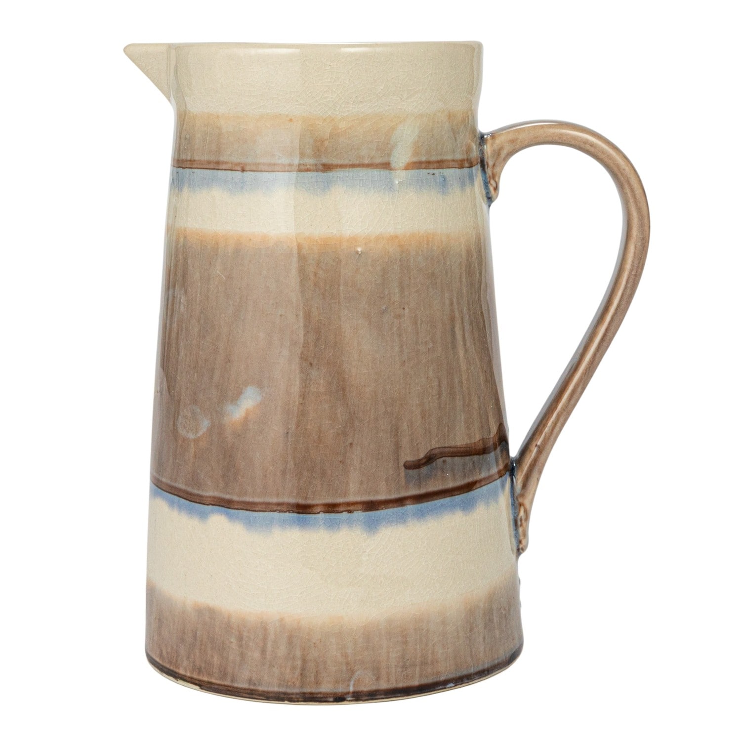 8.25&#x22; Brown &#x26; Cream Round Stoneware Pitcher with Stripes &#x26; Crackle Glaze