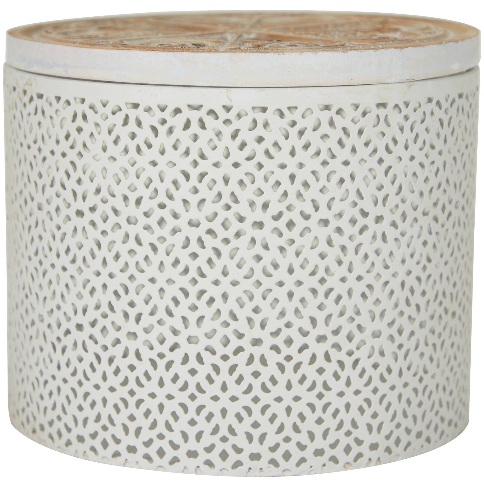 White Metal Laser Cut Metal Decorative Jars with Carved Wood Lids Set