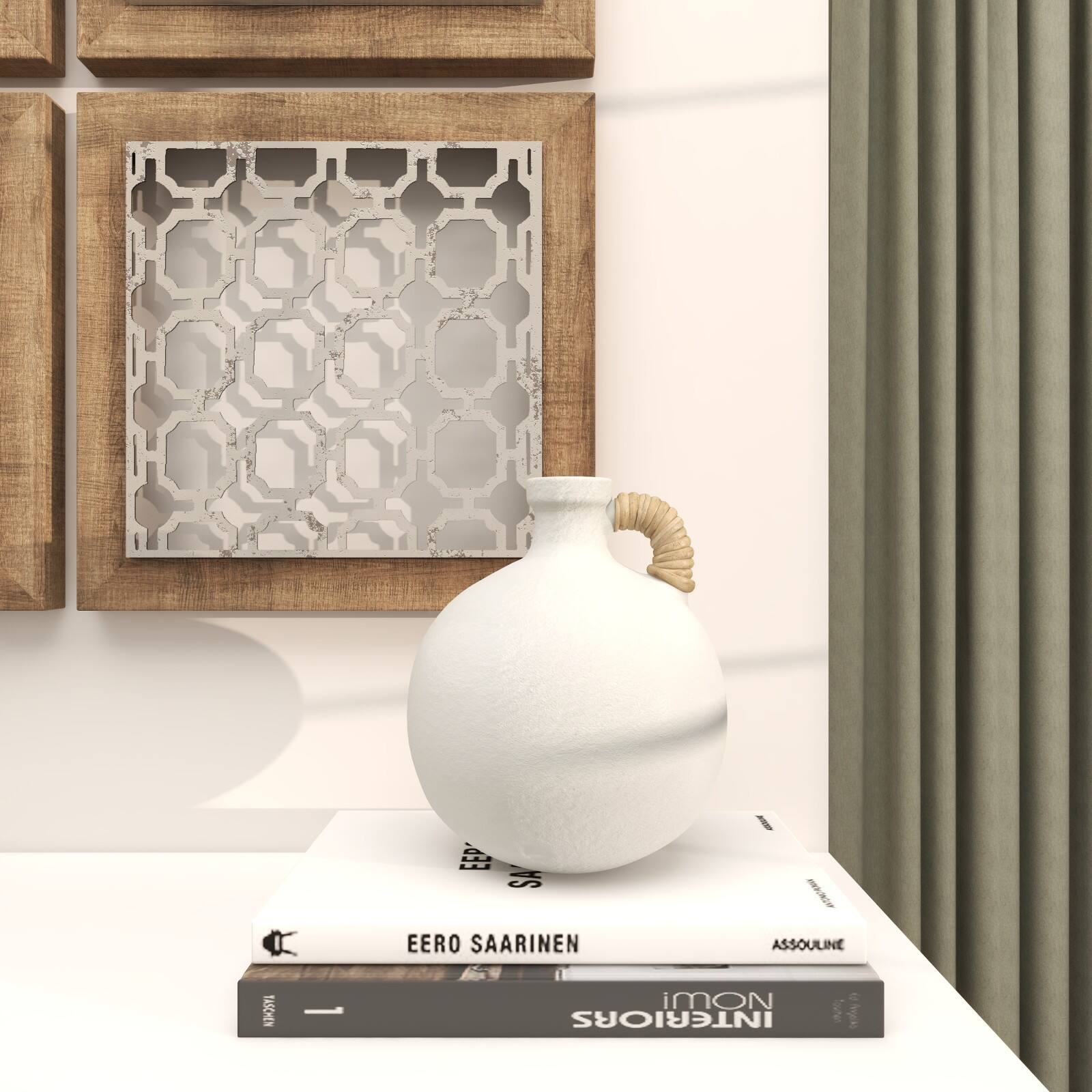 11" White Ceramic Jug Inspired Vase with Rattan Wrapped Handle