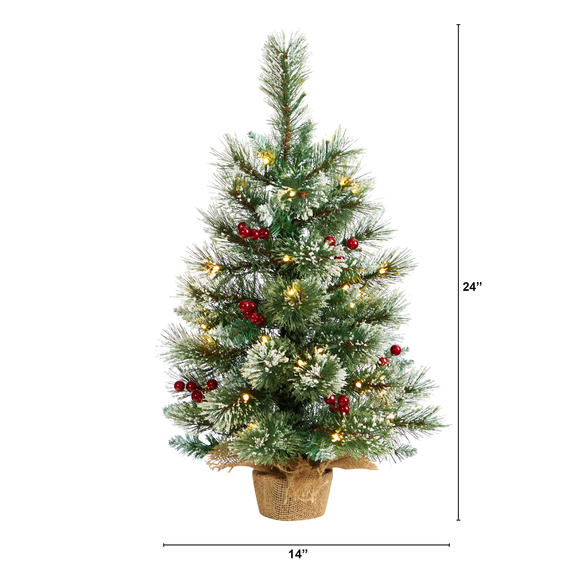 2ft. Pre-Lit Flocked Pine &#x26; Berry Artificial Christmas Tree in Burlap Base, Warm White LED Lights