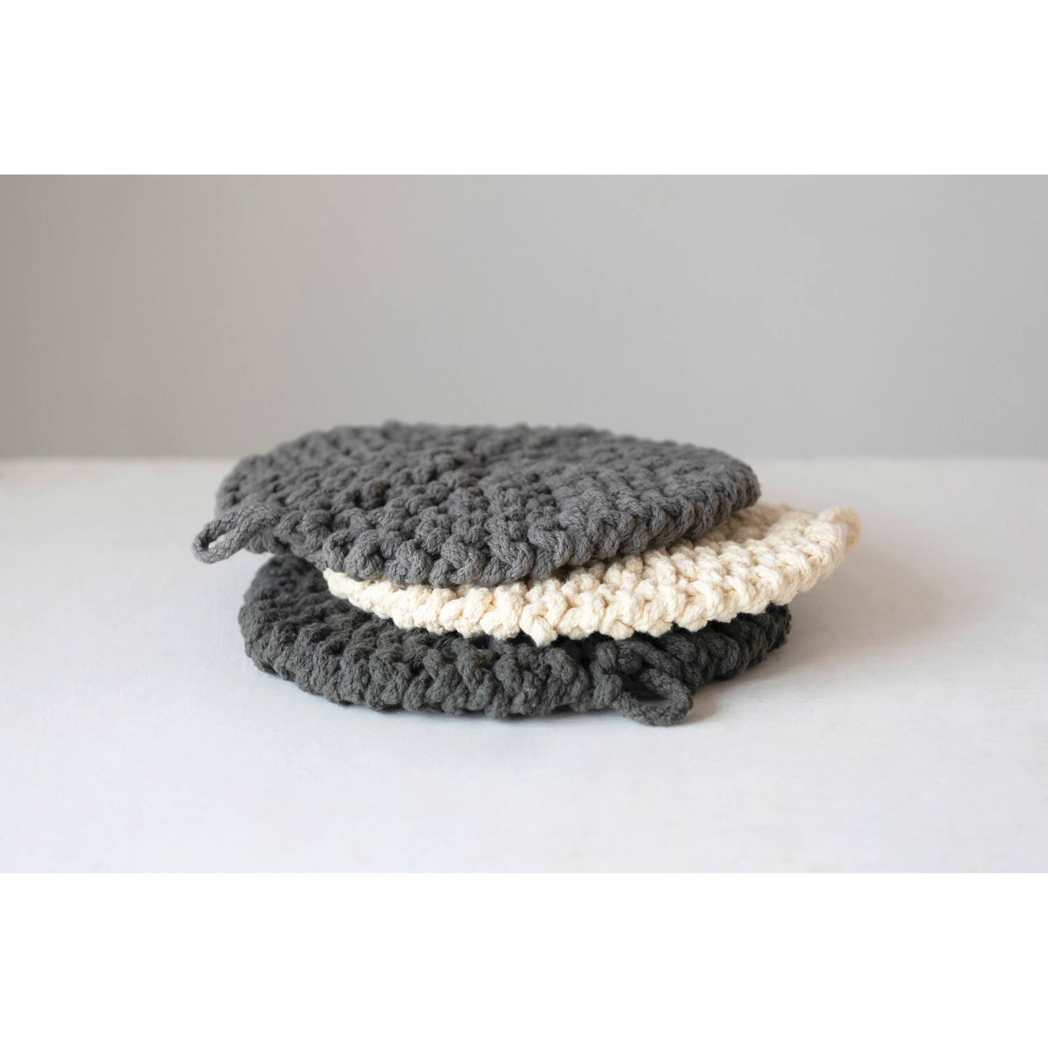 Hello Honey® 8" Black, Gray & Cream Round Cotton Crocheted Pot Holder Set