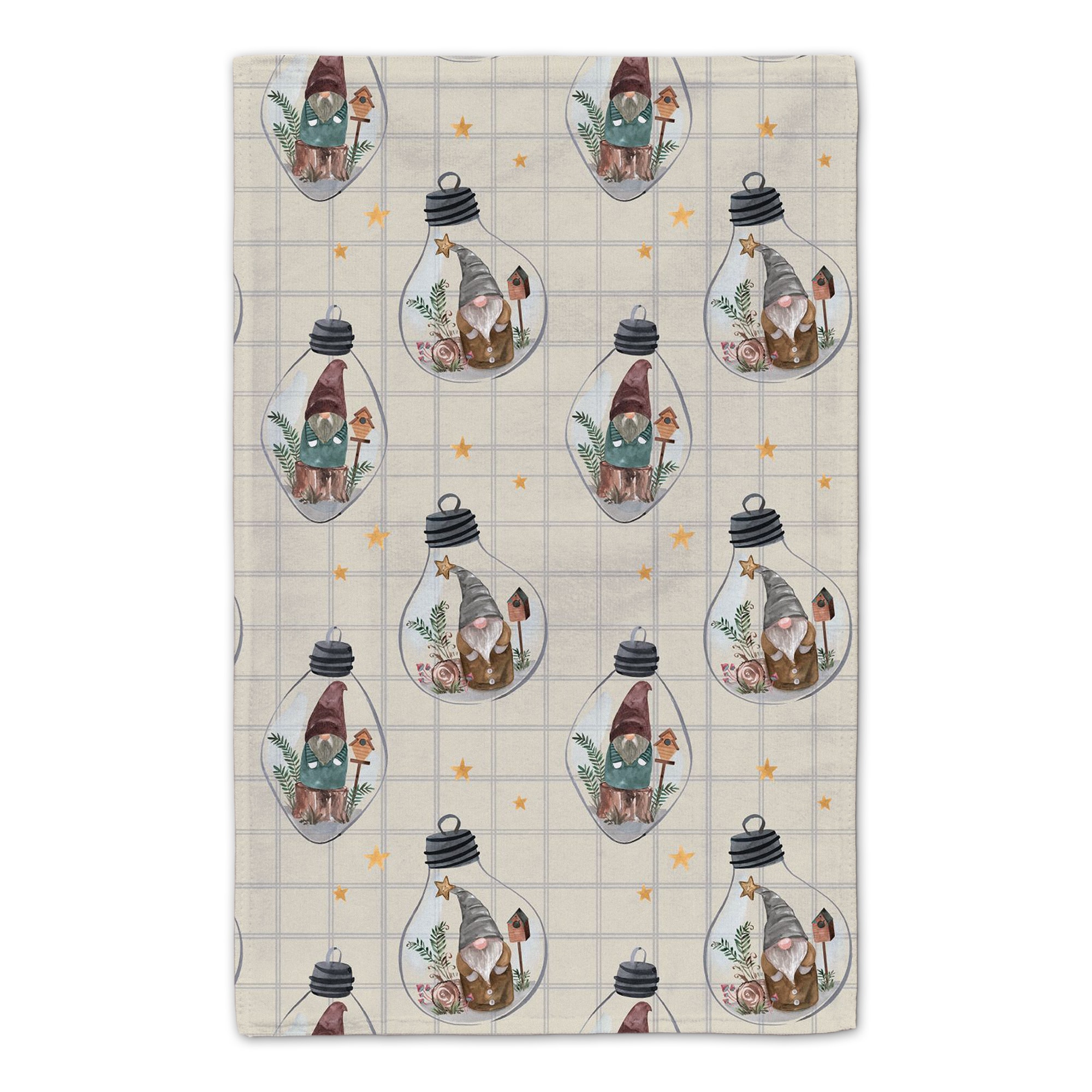 Welcome to our Cabin Cream and Gray Check Gnome Globe Pattern Tea Towel - Set of 2