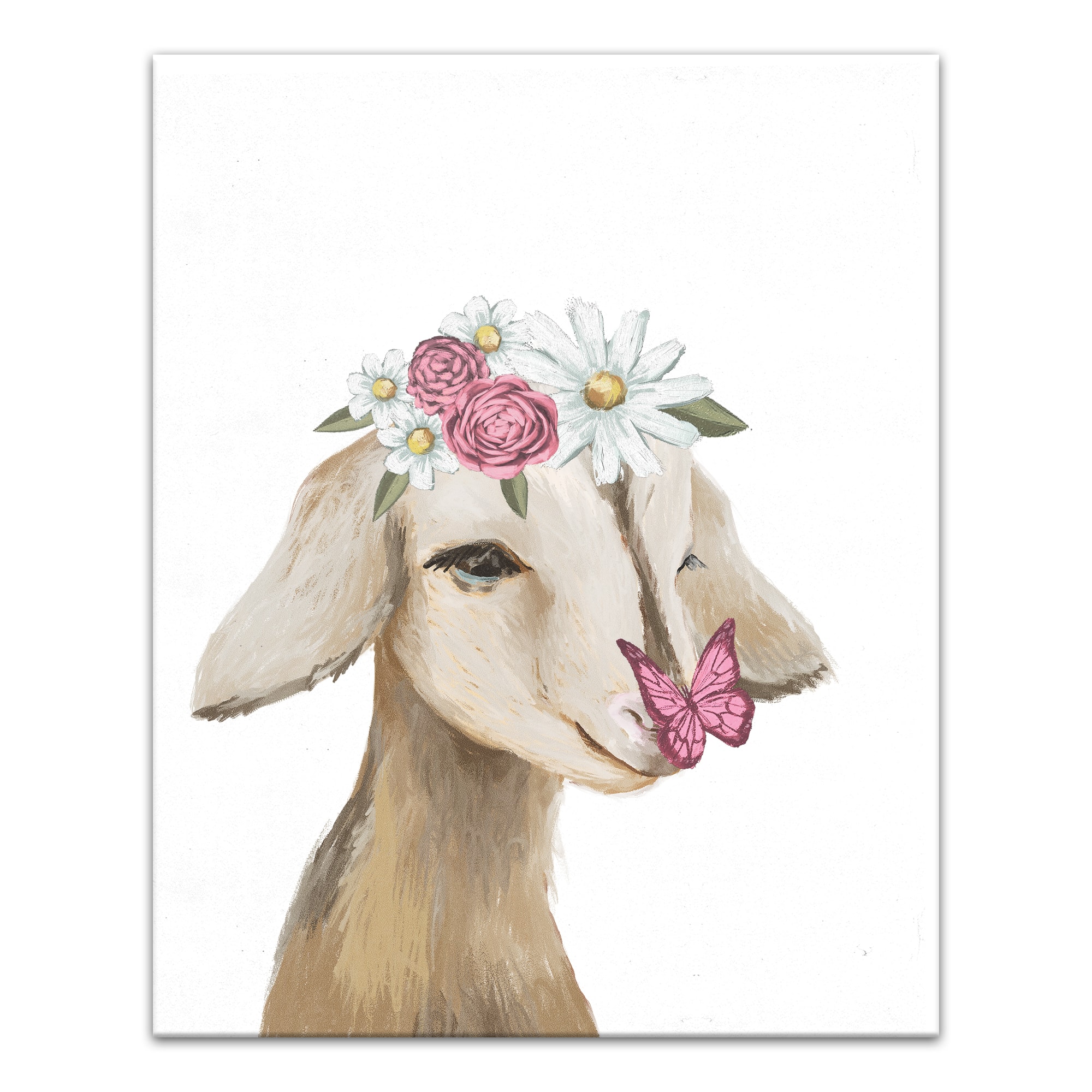 Cute Baby Goat Butterfly Flowers 24" x 30" Canvas Wall Art