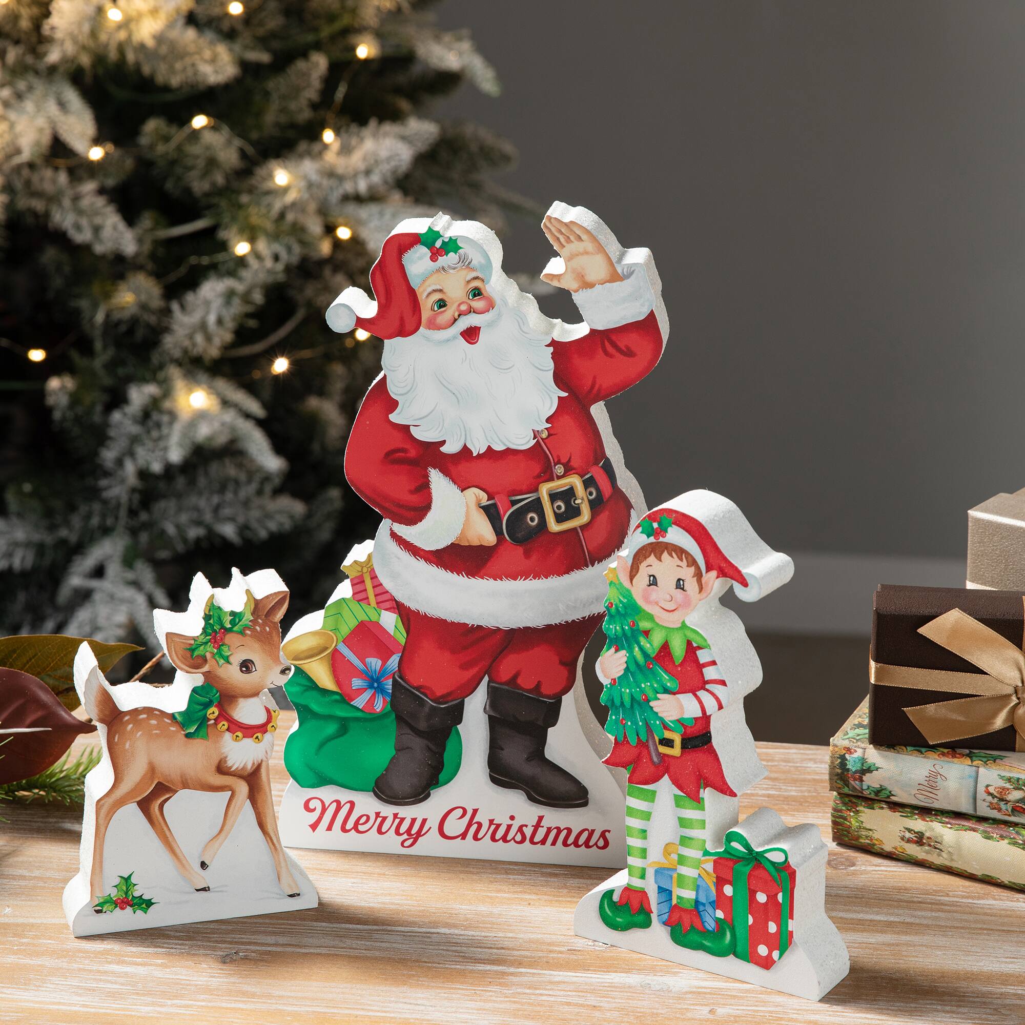 Glitzhome&#xAE; Wooden Christmas Santa, Elf &#x26; Reindeer Table D&#xE9;cor Set