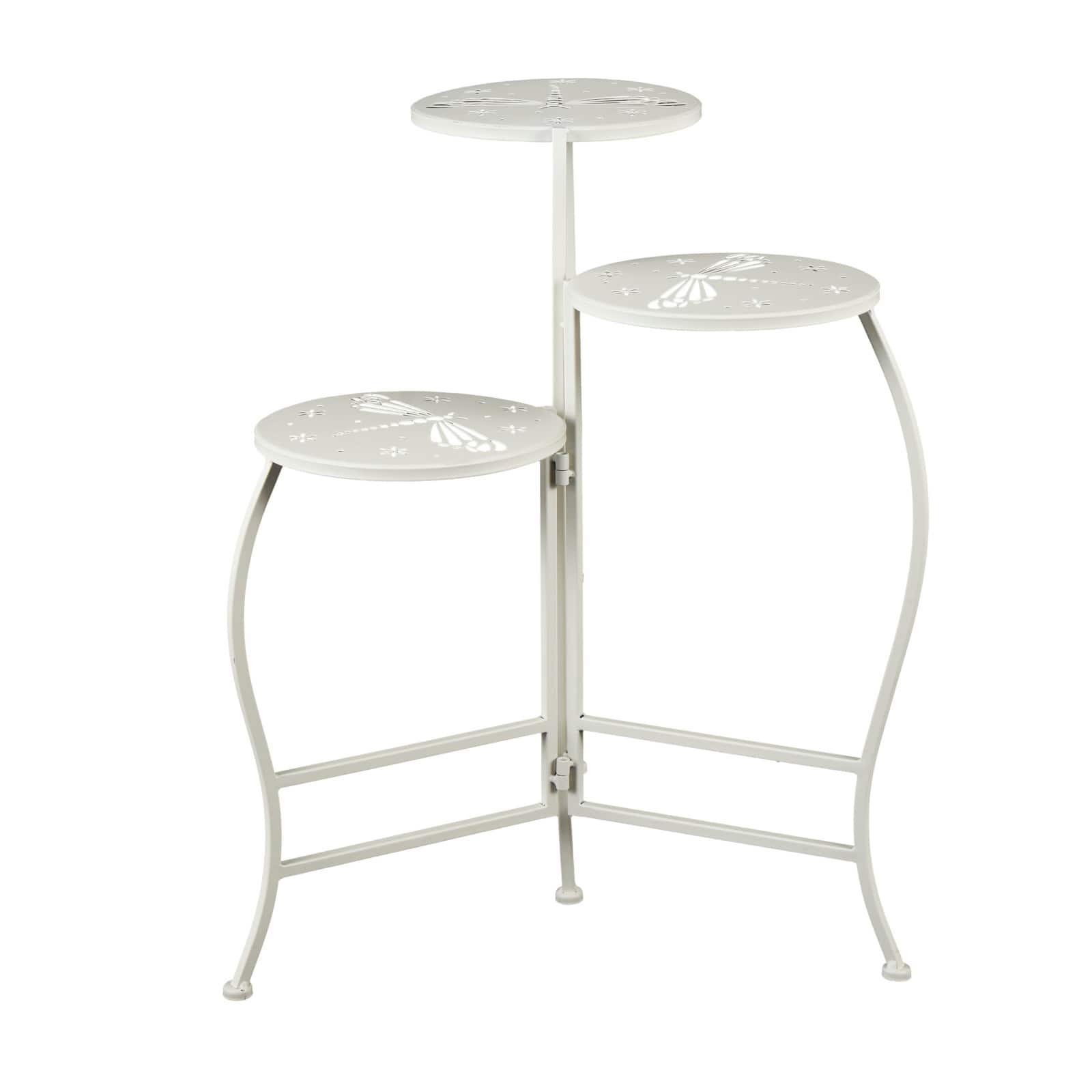 24&#x22; White Metal Folding 3-Tier Plant Stand with Dragonfly &#x26; Star Cutouts
