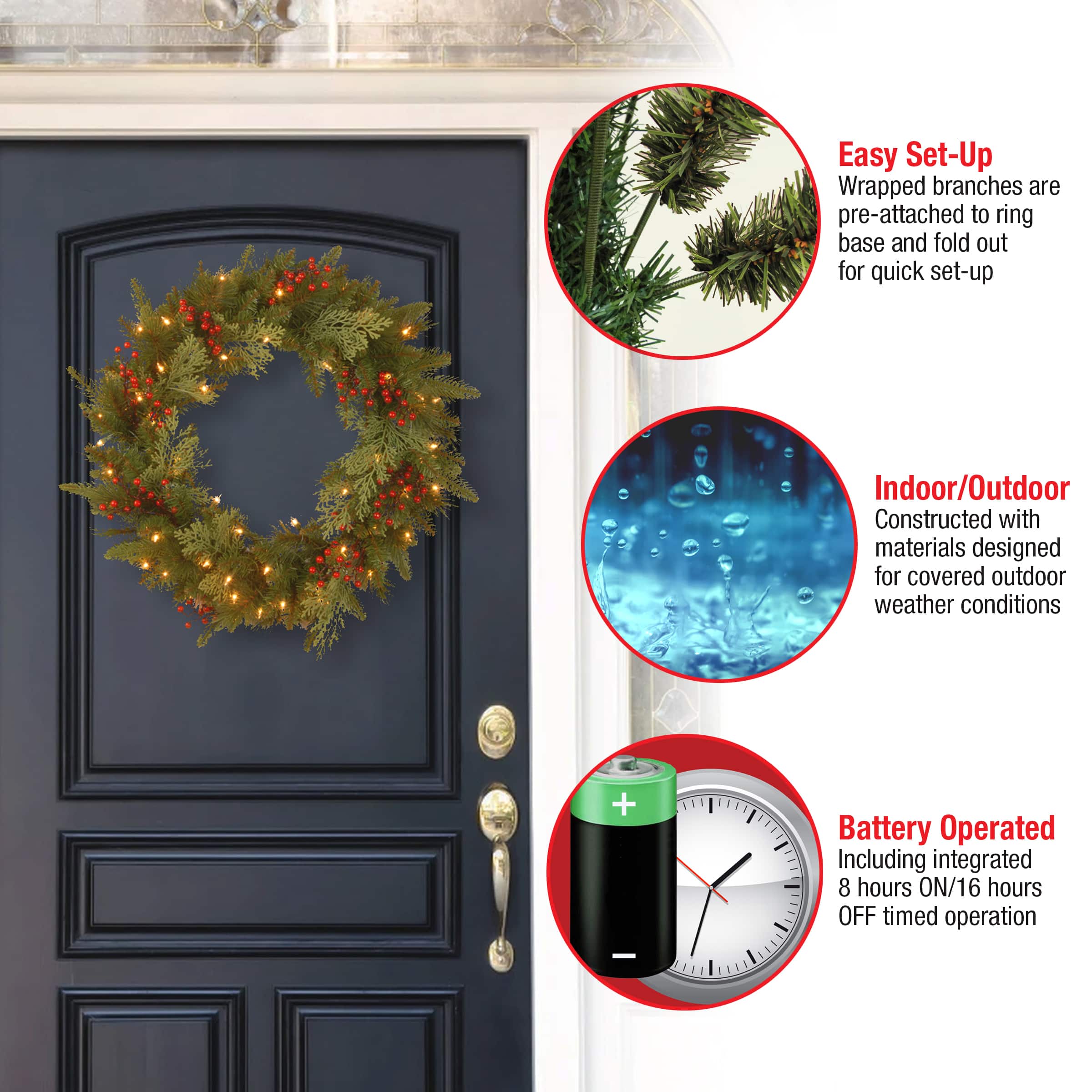 24" Feel Real® Classical Collection Wreath with Red Berries, Cedar Leaves & Warm White LED Lights