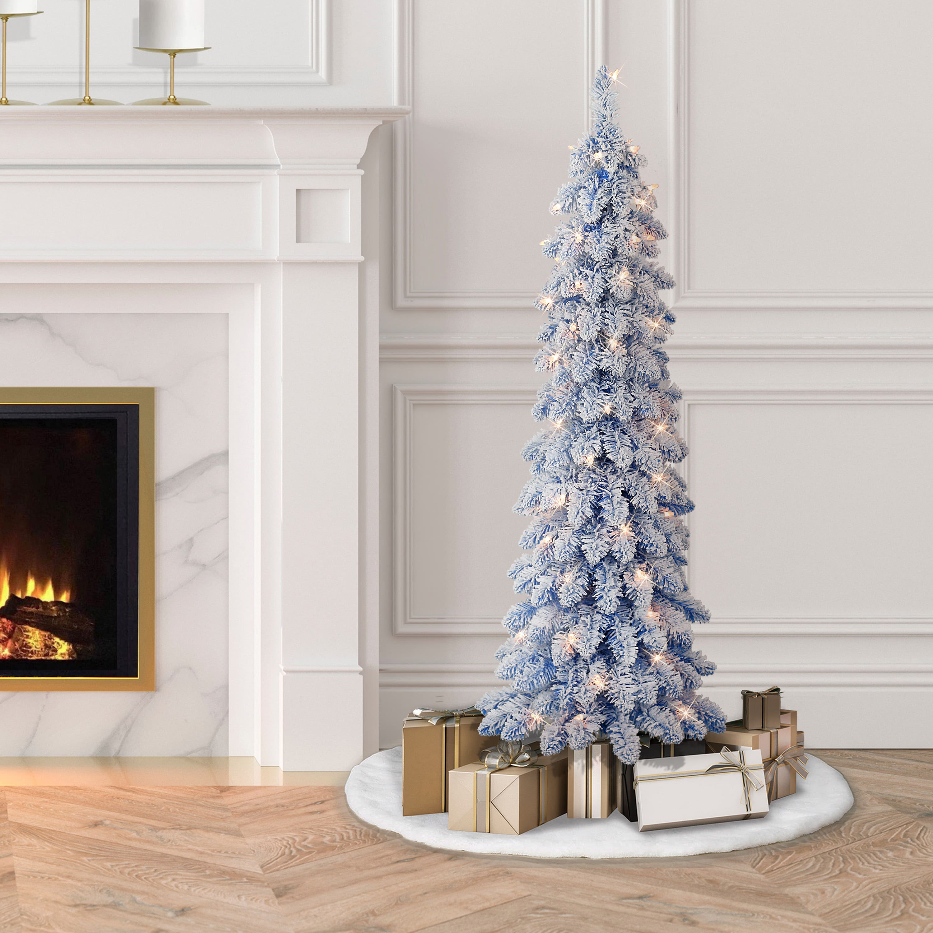 4ft. Pre-Lit Flocked Blue Artificial Alpine Pencil Tree, Clear Lights