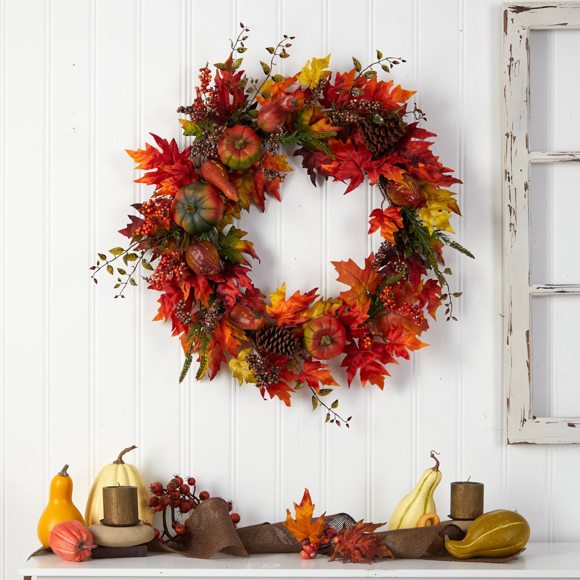 32" Maple Leaf, Pumpkin & Berries Artificial Fall Wreath