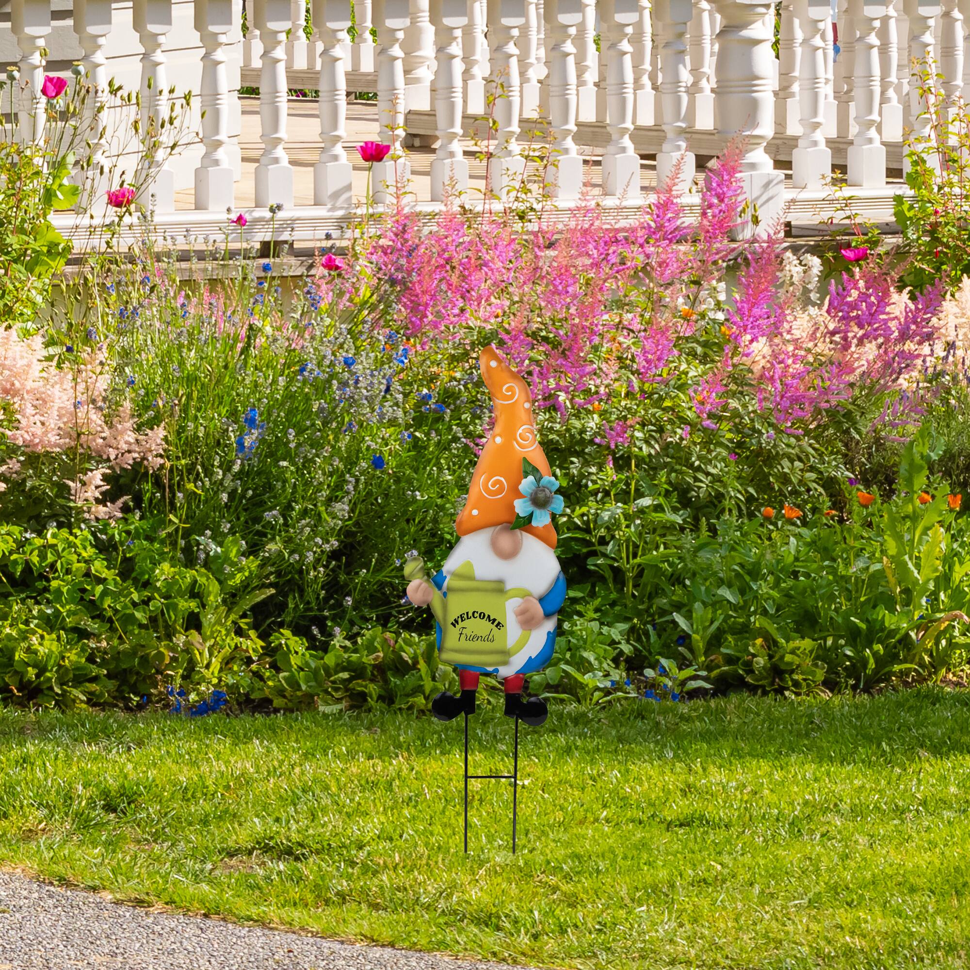 22" Orange Welcome Friends Gnome Spring Outdoor Garden Stake