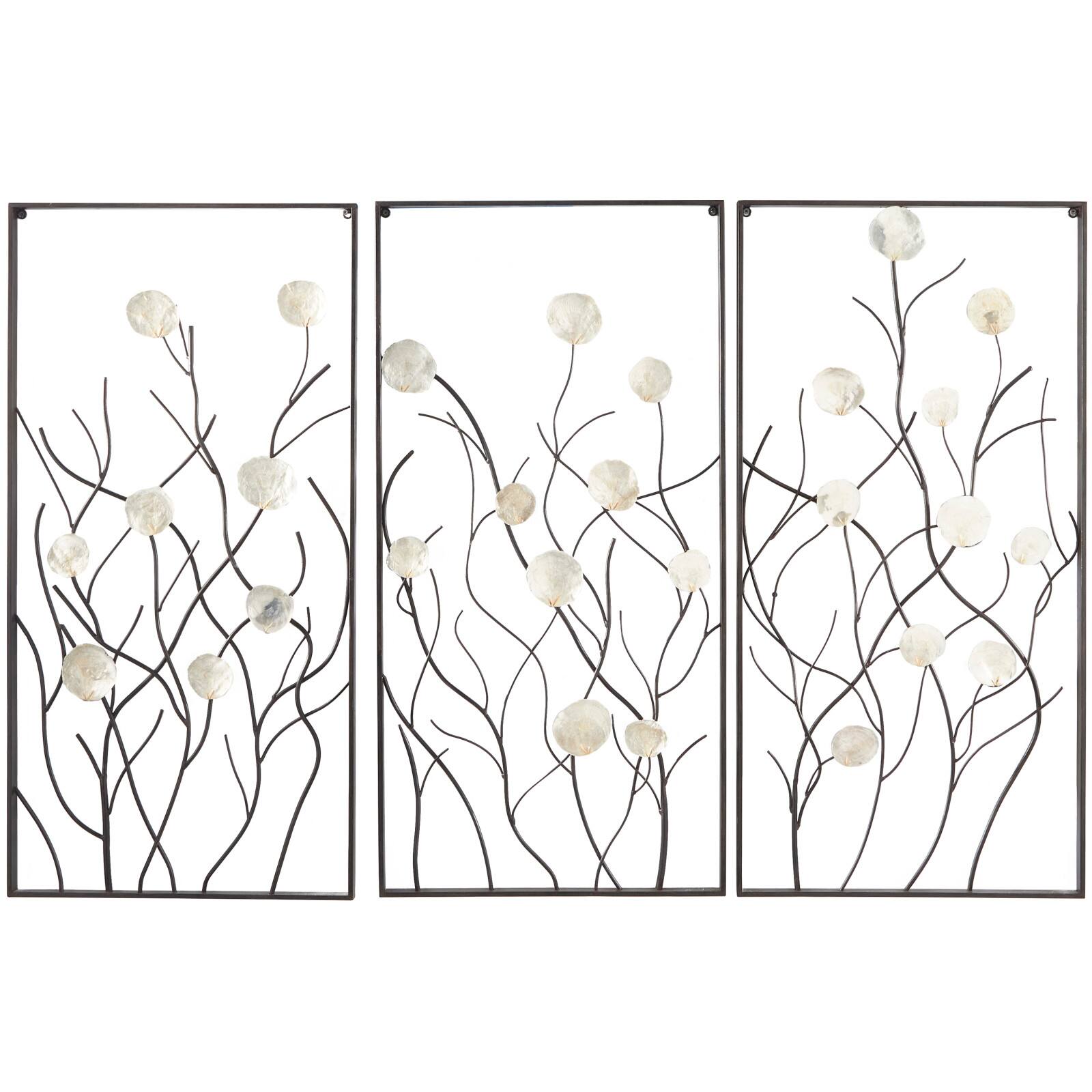 Black Metal Floral Wall Decor with Capiz Accents Set of 3 20", 40"