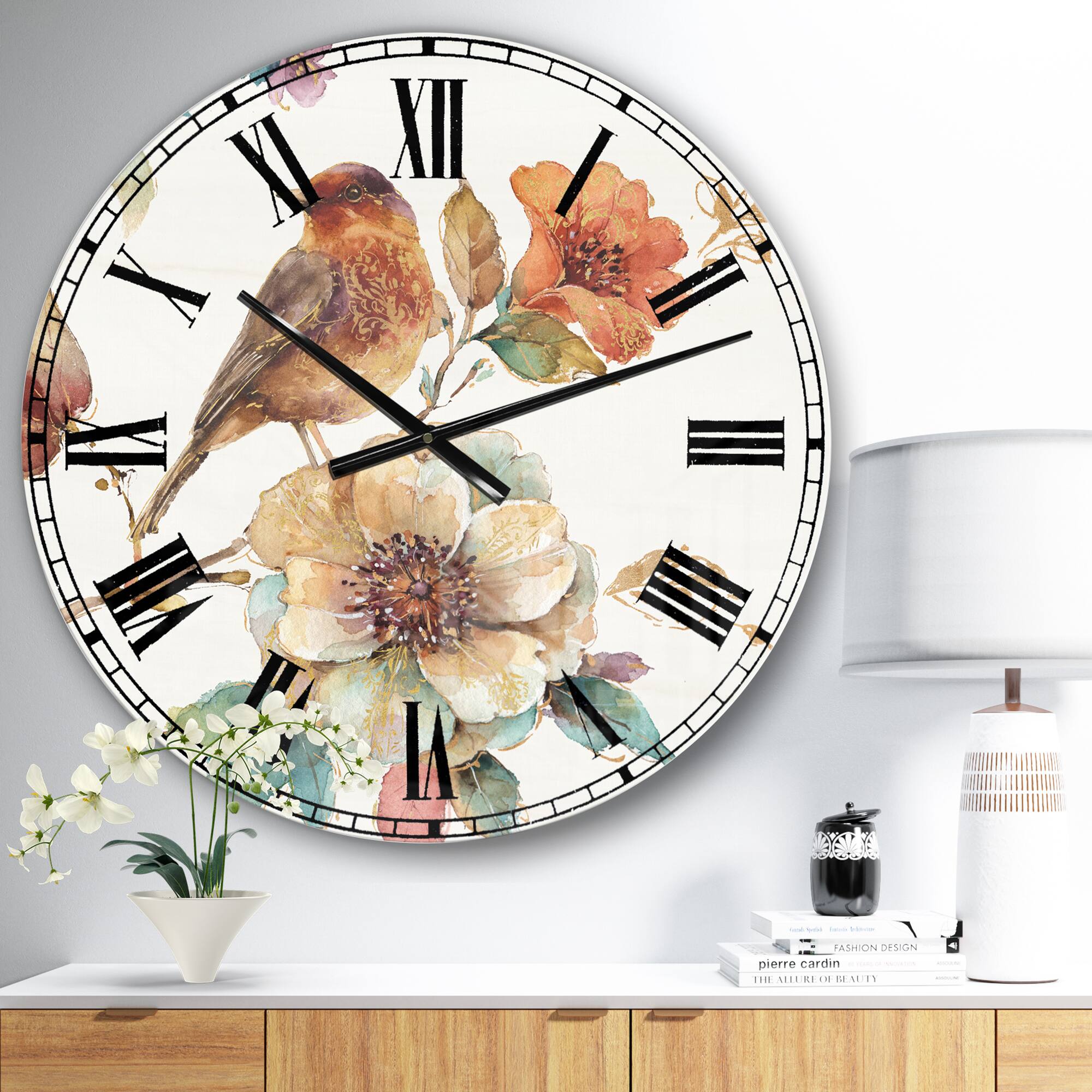Designart 'Farmhouse Bird On Flower Branch Farmhouse Wall Clock