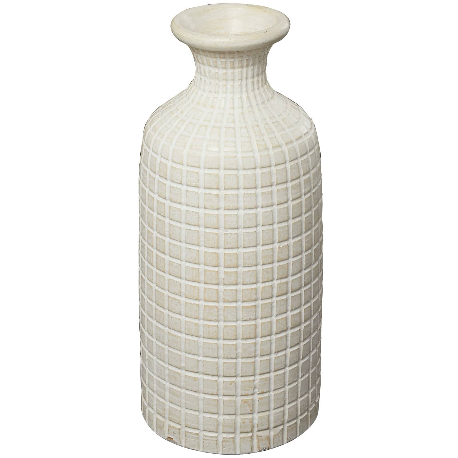 Cream Ceramic Textured Geometric Vase with Checkered Pattern
