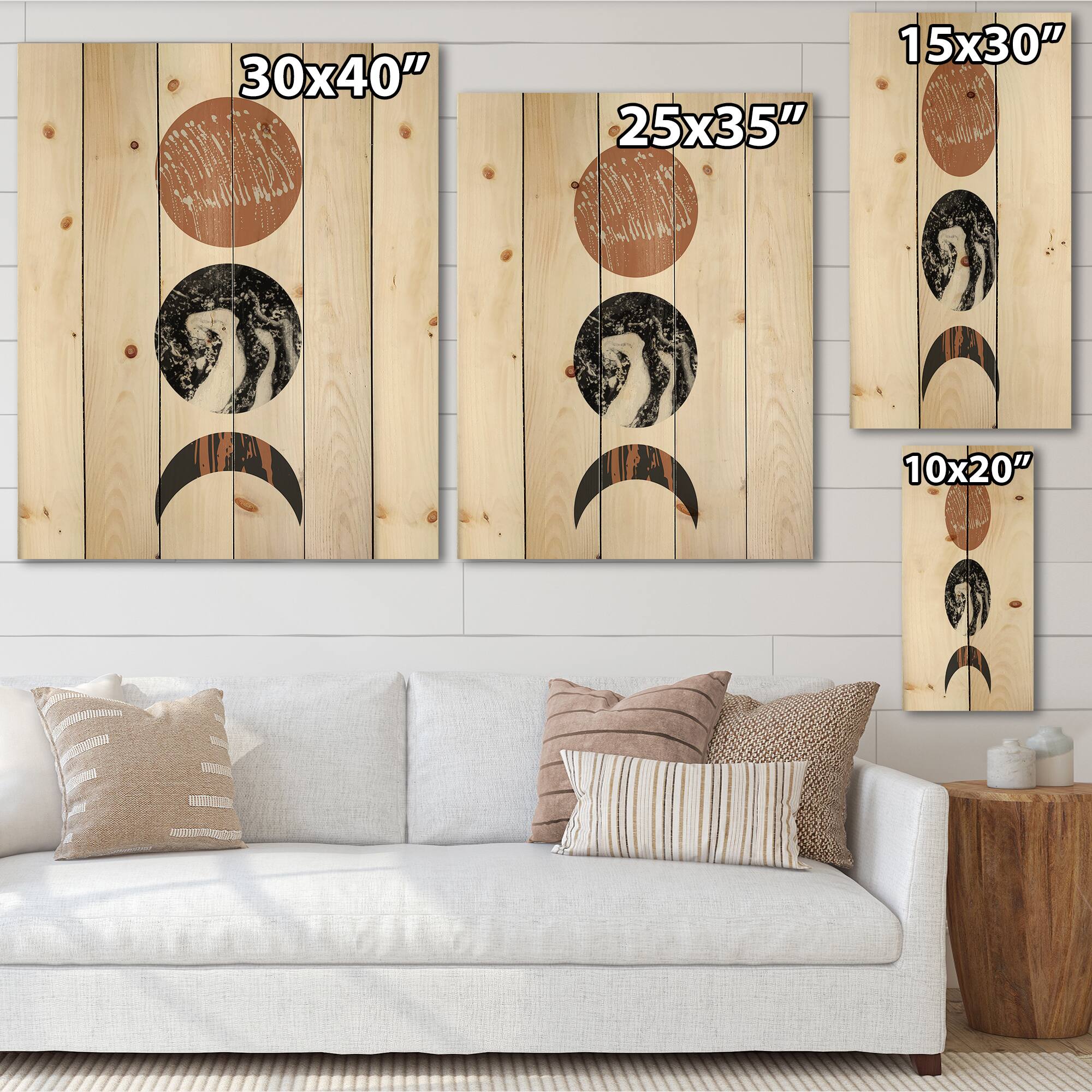 Designart - Retro Shapes Abstract Suns and Moons - Modern Print on Natural Pine Wood