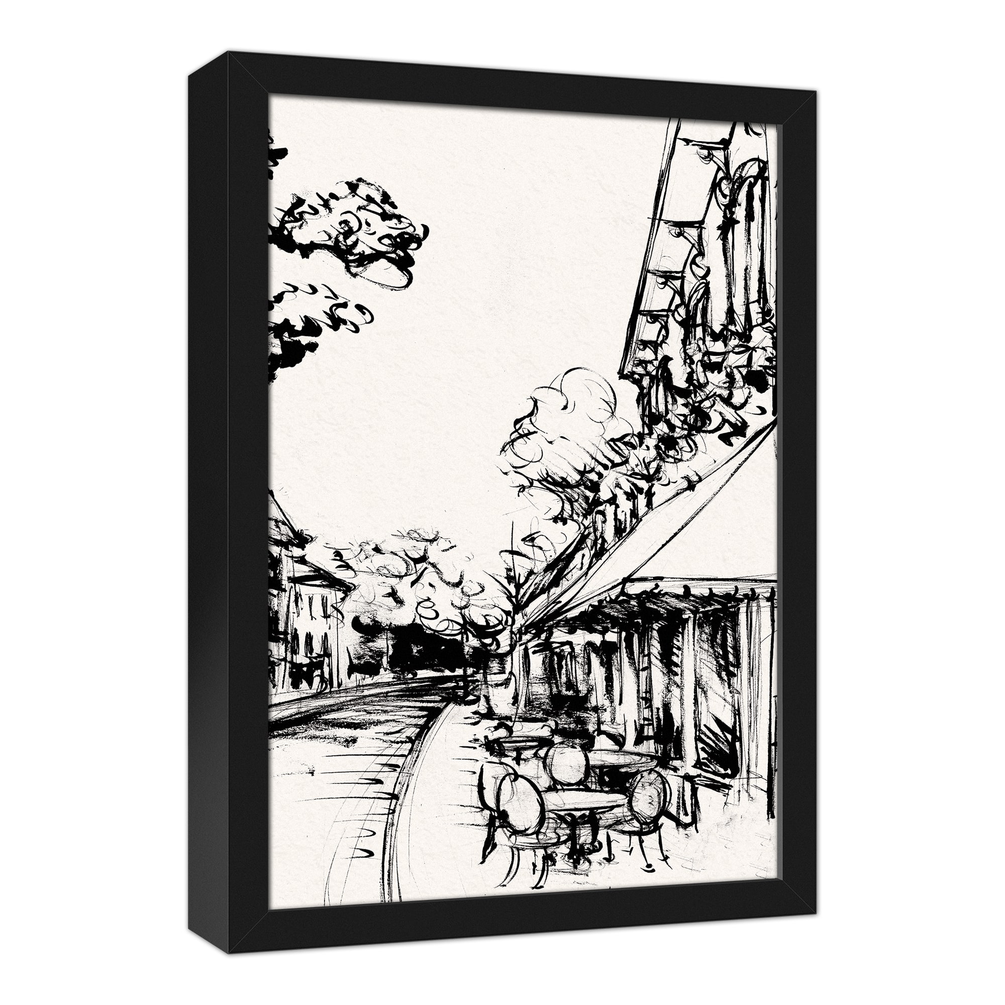Sketched City Scene Canvas Wall Art in Black Frame