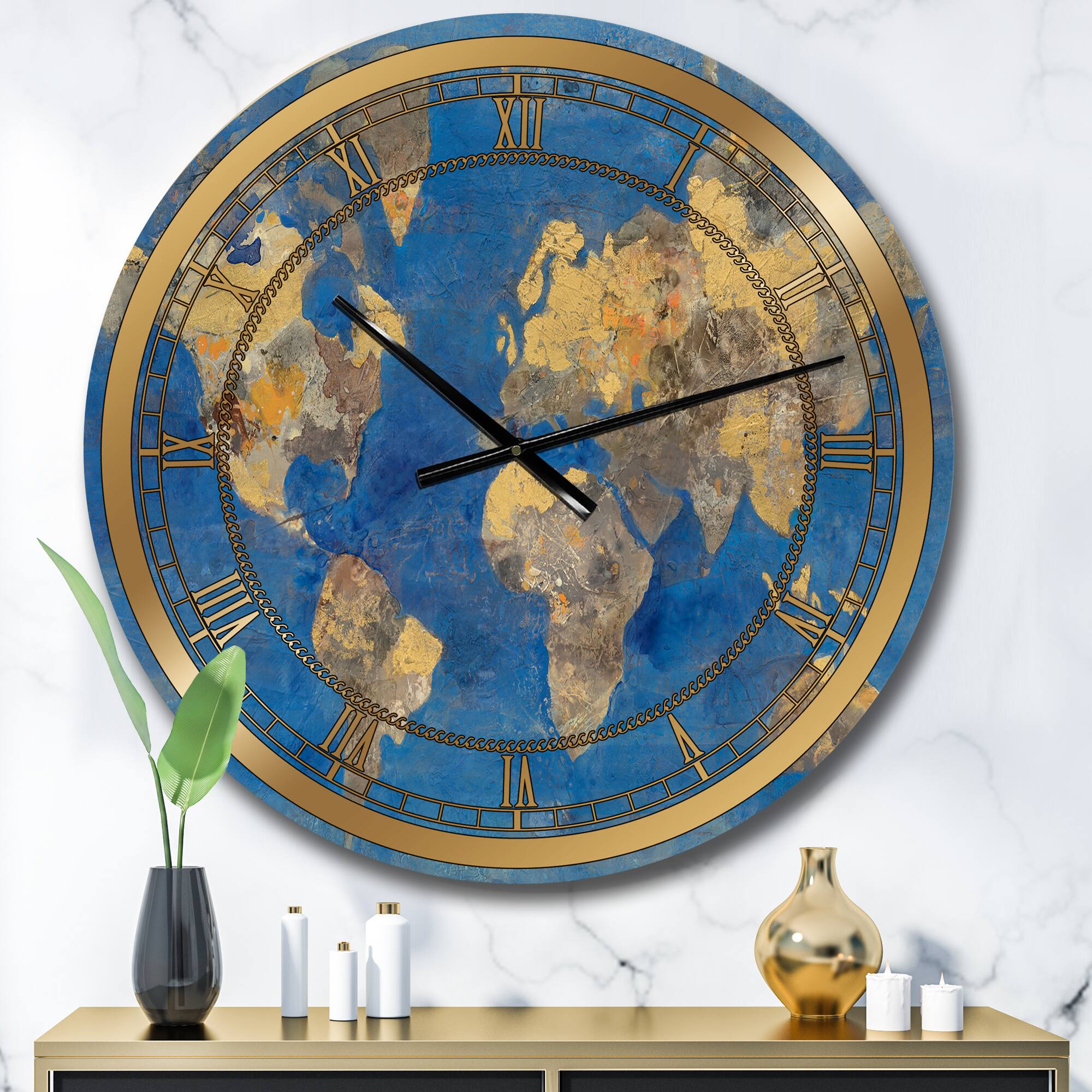 Designart &#x27;Golden Glam World Map Glam Wall Clock