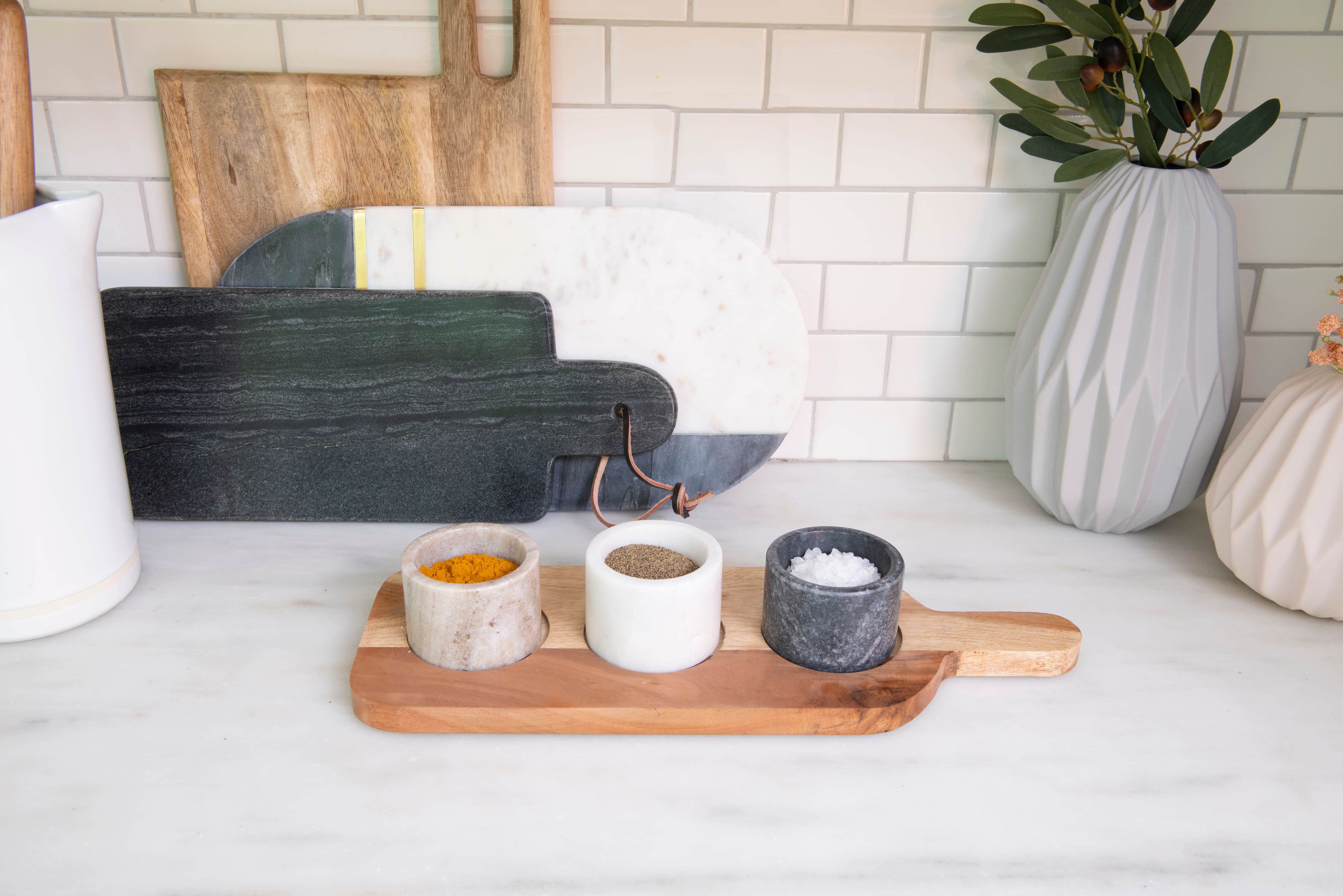 Acacia Wood Board with Marble Pinch Pots &#x26; Spoon Set