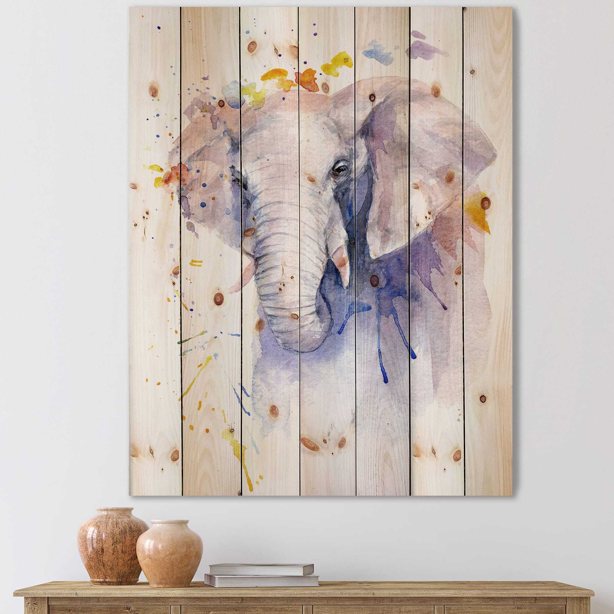Designart - Portrait of An Elephant In Flowers - Farmhouse Print on Natural Pine Wood