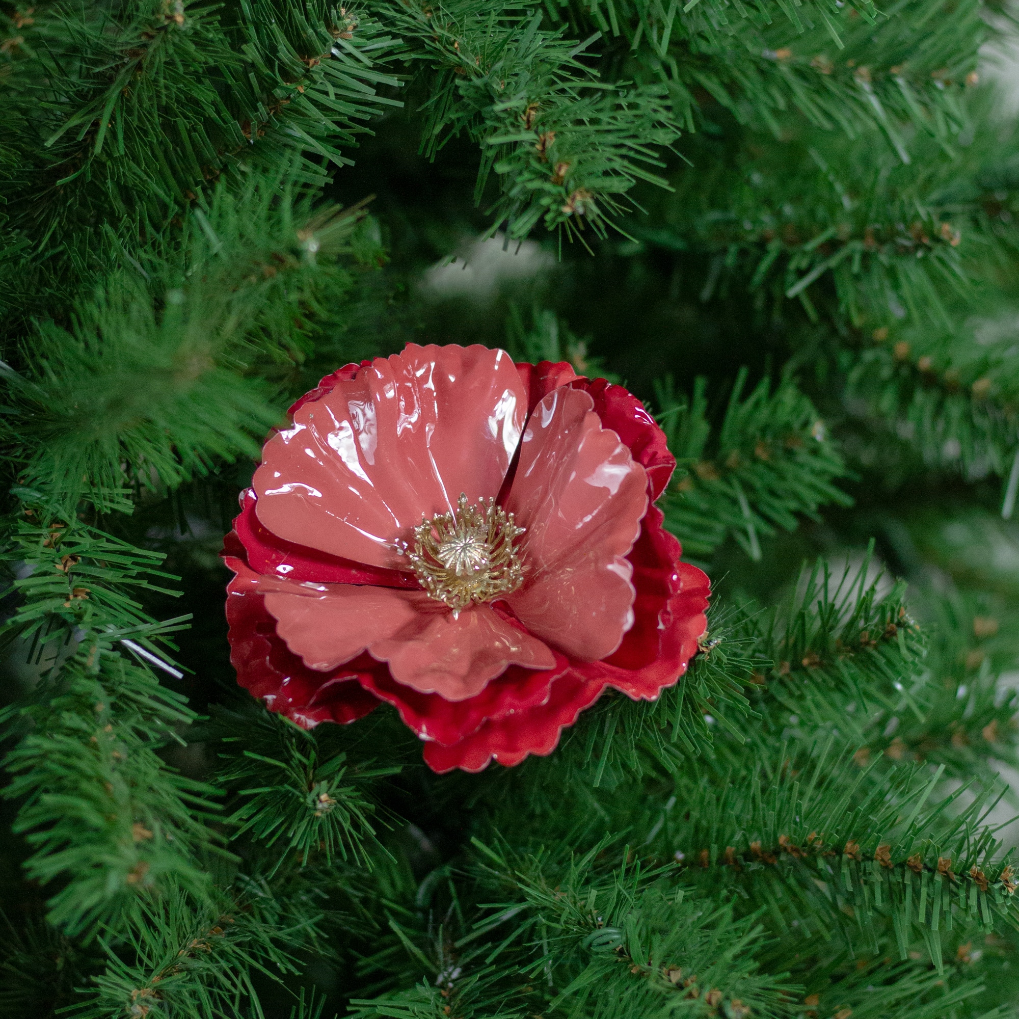 Shiny Poppy Flower Clip Christmas Ornament - 4.75" - Coral Pink