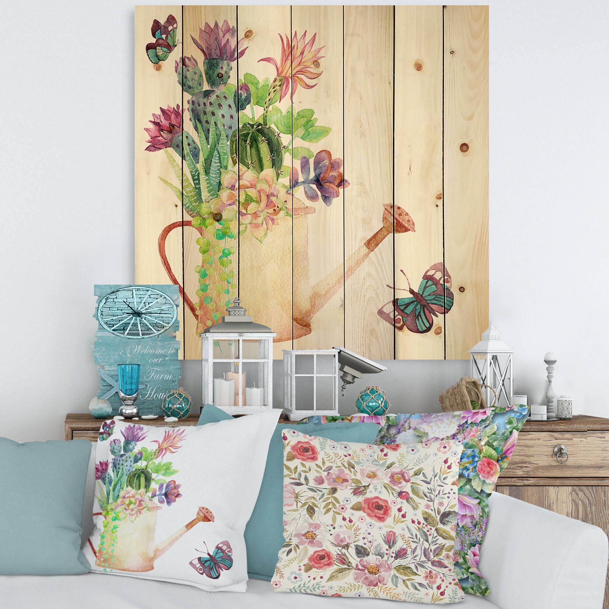Designart - Succulents In Old Watering Can - Farmhouse Print on Natural Pine Wood