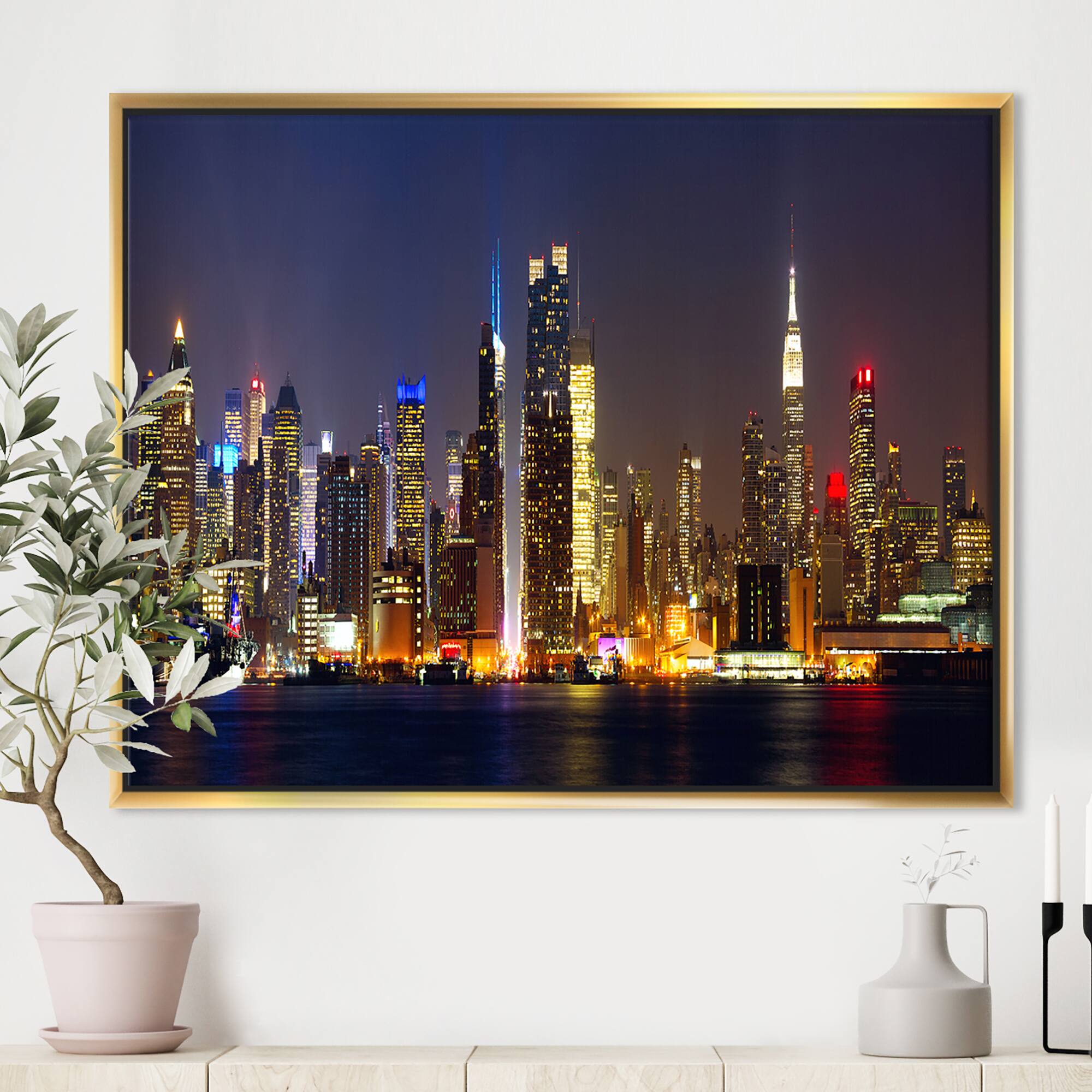 Designart - New York Skyline at Night - Cityscape Photo Framed Canvas Print