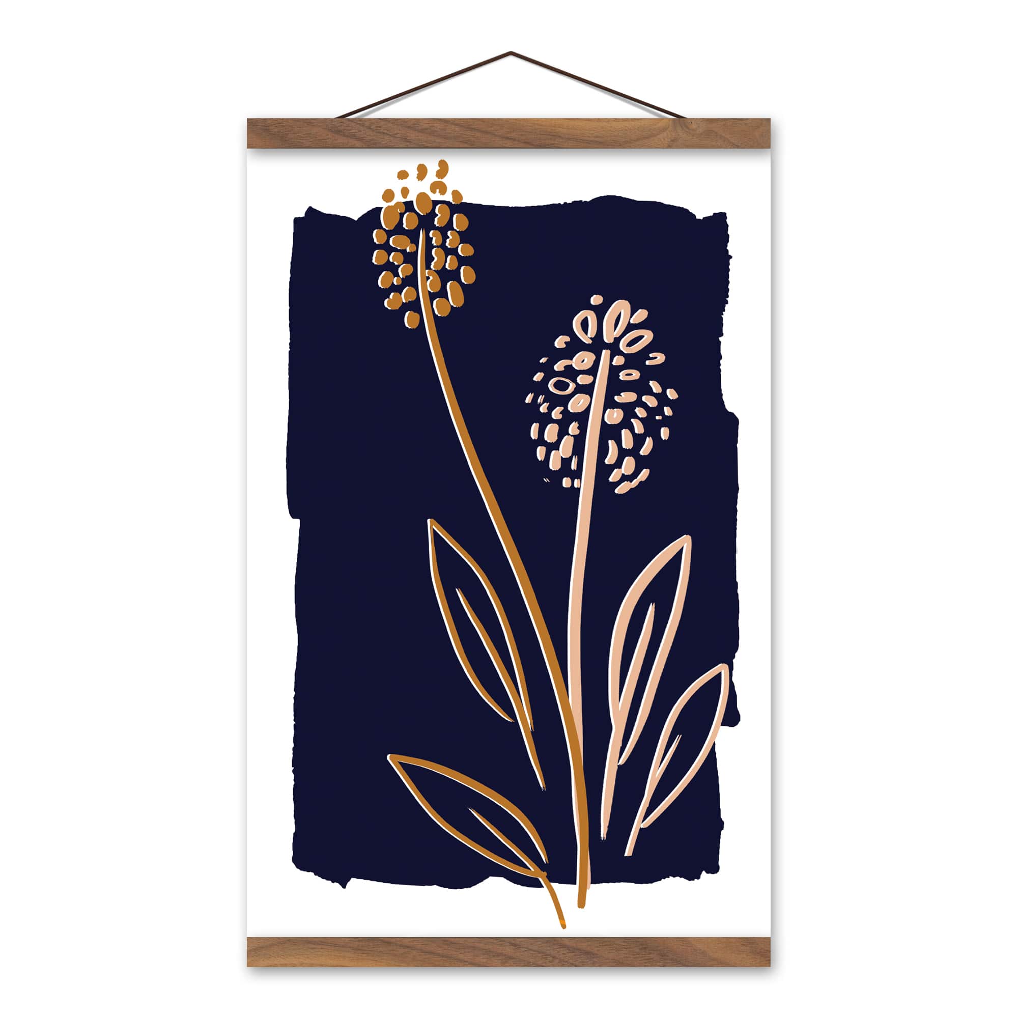 Simple Floral On Navy 12" x 18" Teak Hanging Canvas