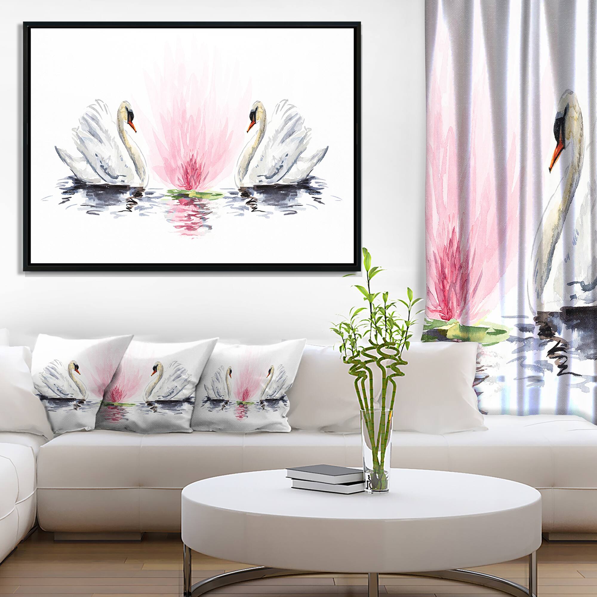 Designart - Floating Swans on White Background - Animal Art On Canvas in Black Frame