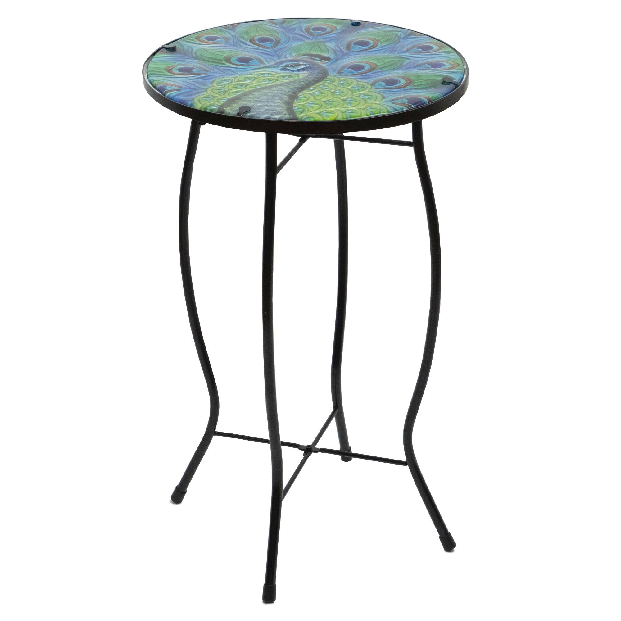 19" Blue & Green Peacock Glass Patio Side Table