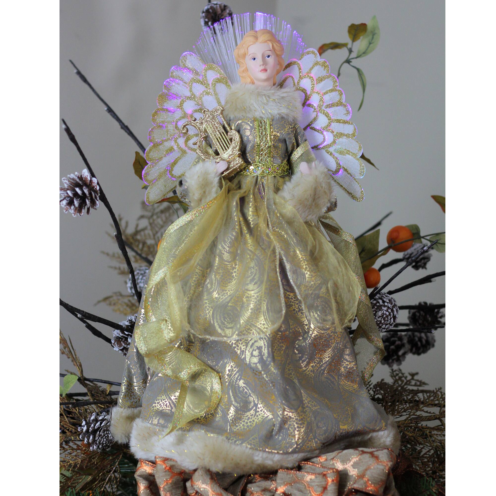 16&#x22; Gold &#x26; Brown Lighted Angel in Gown with Harp Tree Topper