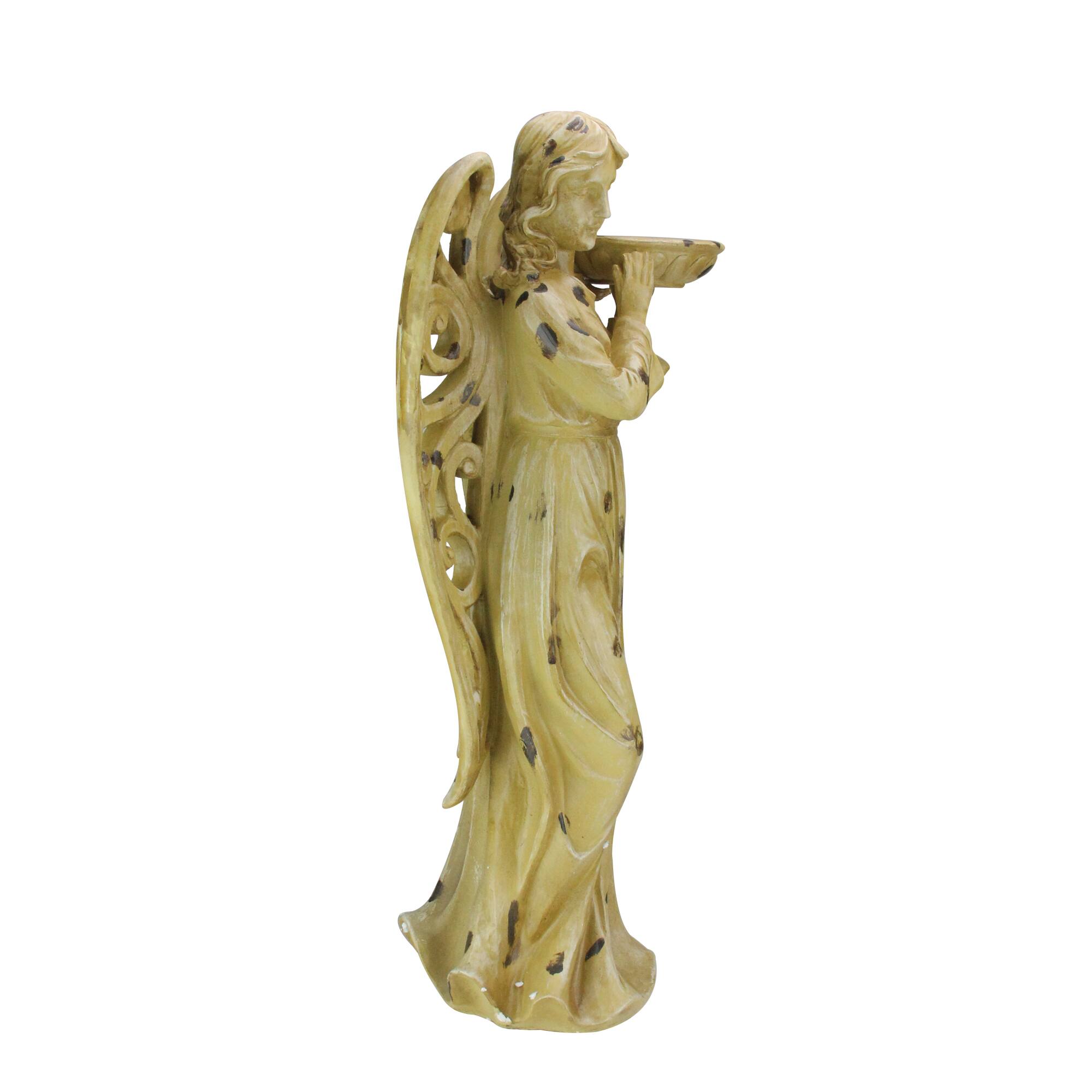 24.5" Brown Tranquil Angel with Scrollwork Wings Outdoor Bird Bath