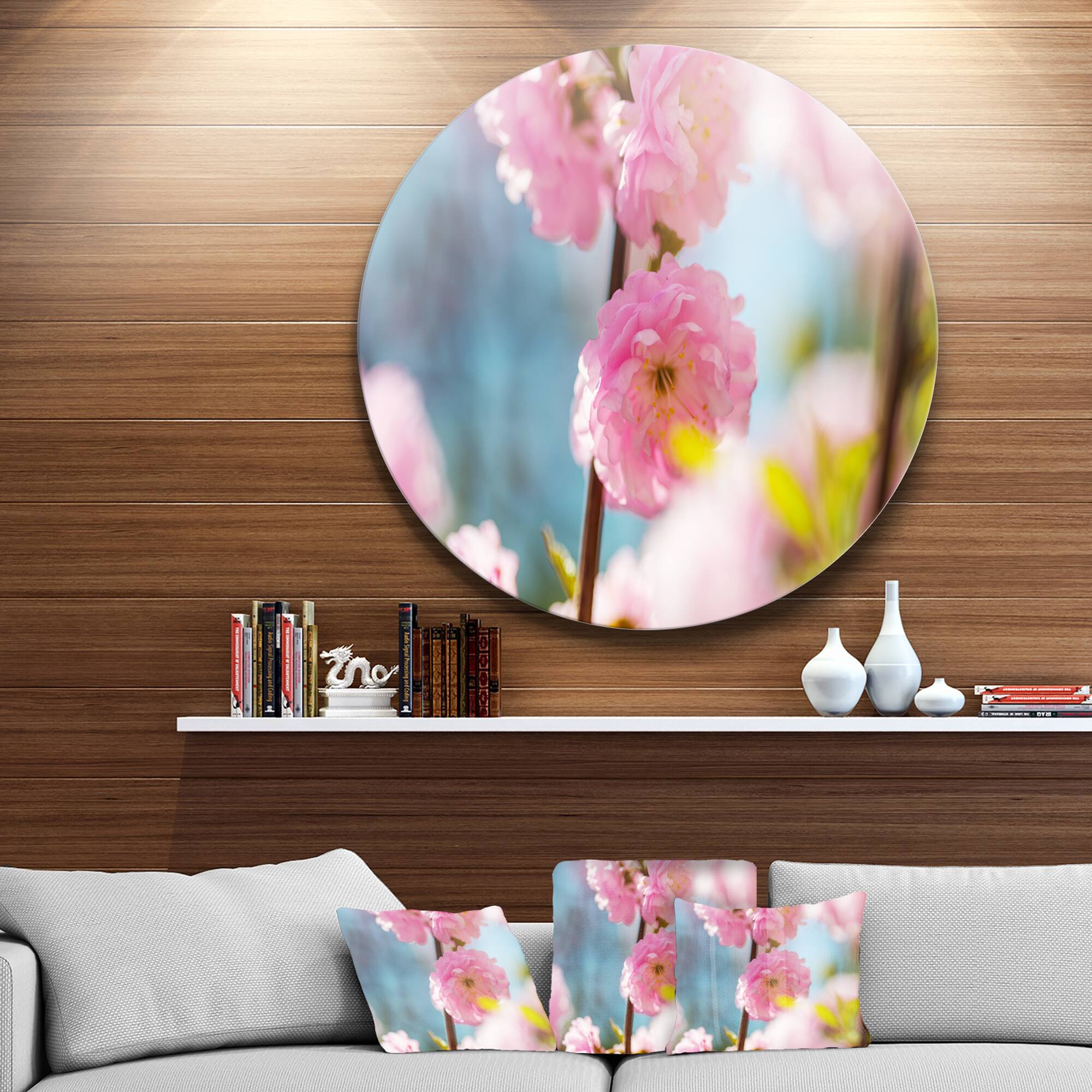 Designart - Almond Tree Pink Flowers&#x27; Large Flower Metal Circle Wall Art