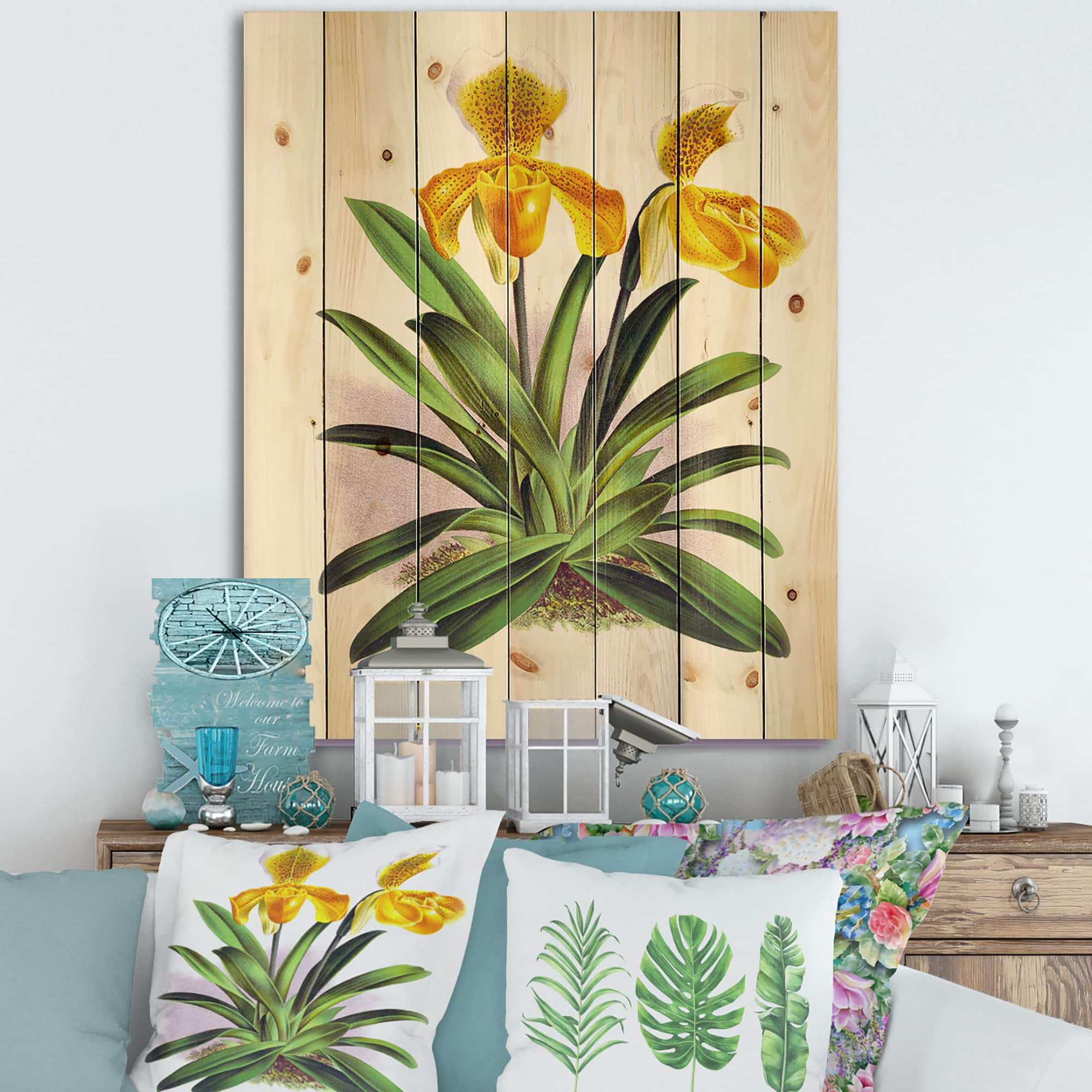 Designart - Vintage Yellow Orchid - Traditional Print on Natural Pine Wood