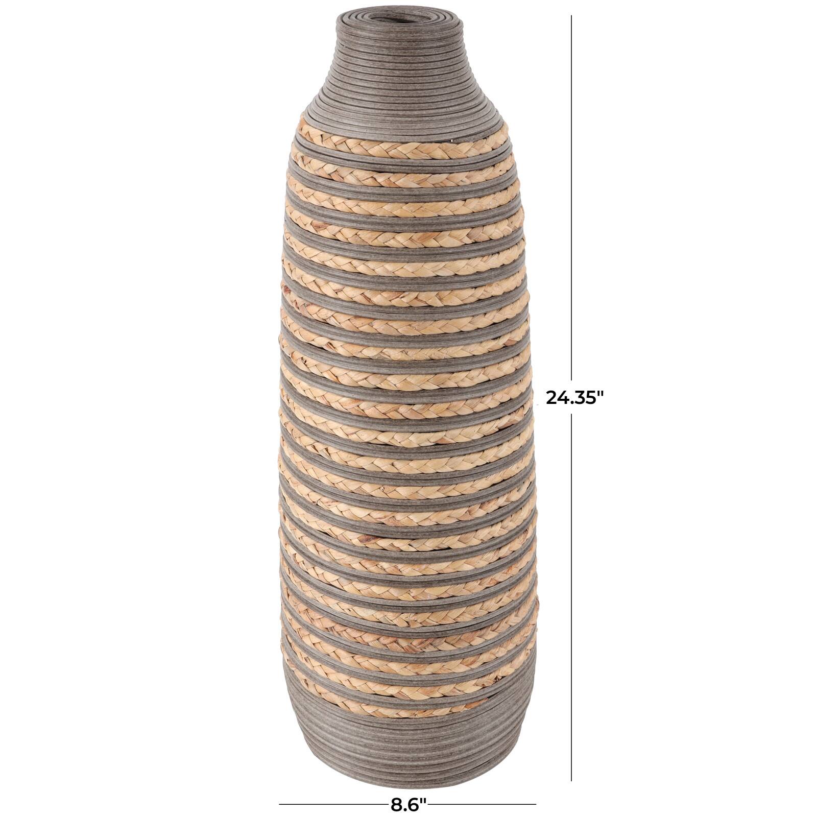 24" Brown Seagrass Handmade Braided Vase with Layered Gray Paneling