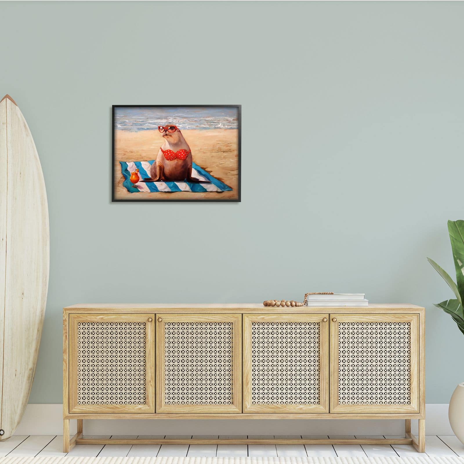 Stupell Industries Polka Dot Bikini Sea Lion Tropical Drink Beach Scene Framed Wall Art