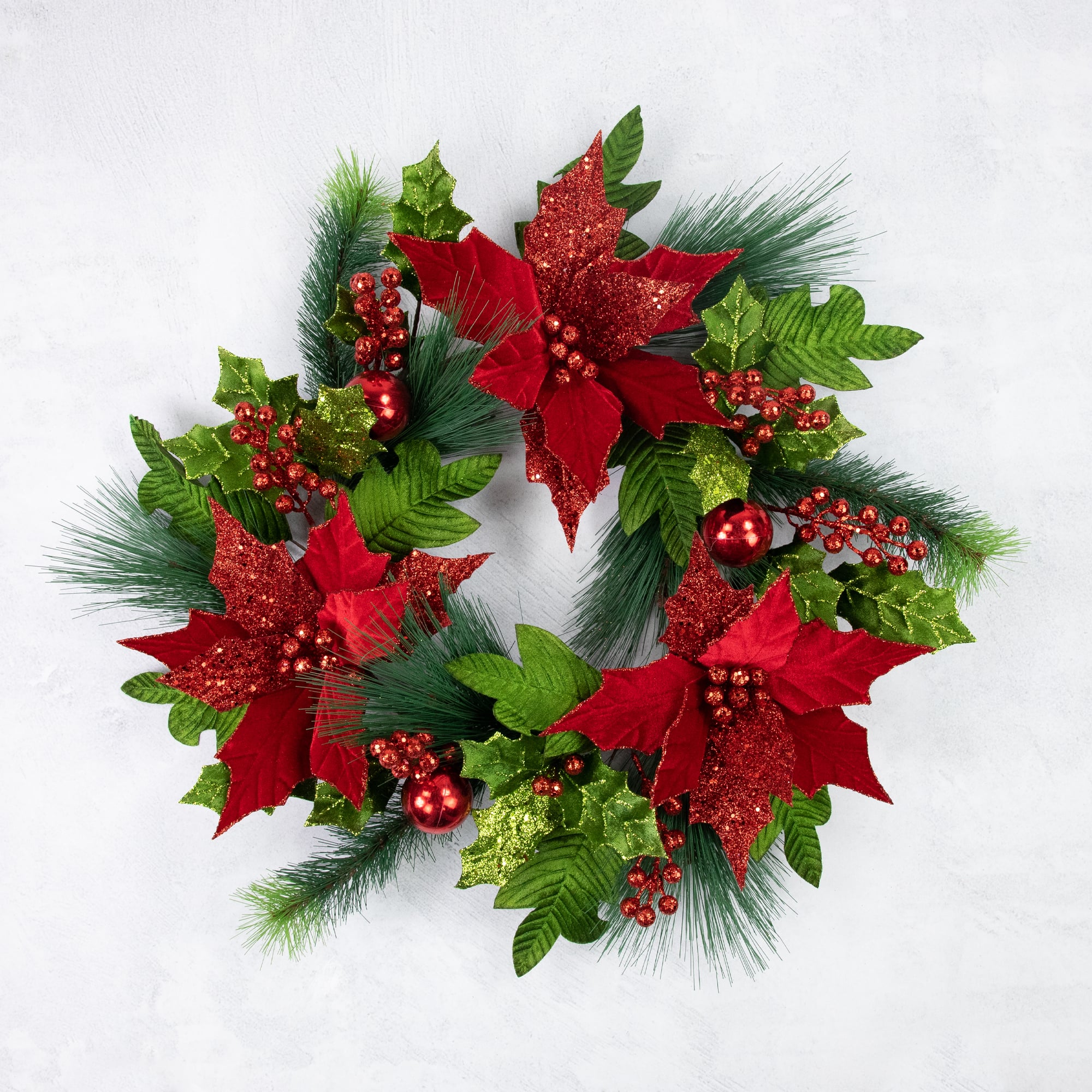 24&#x22; Red Glittered Poinsettia &#x26; Long Pine Christmas Wreath