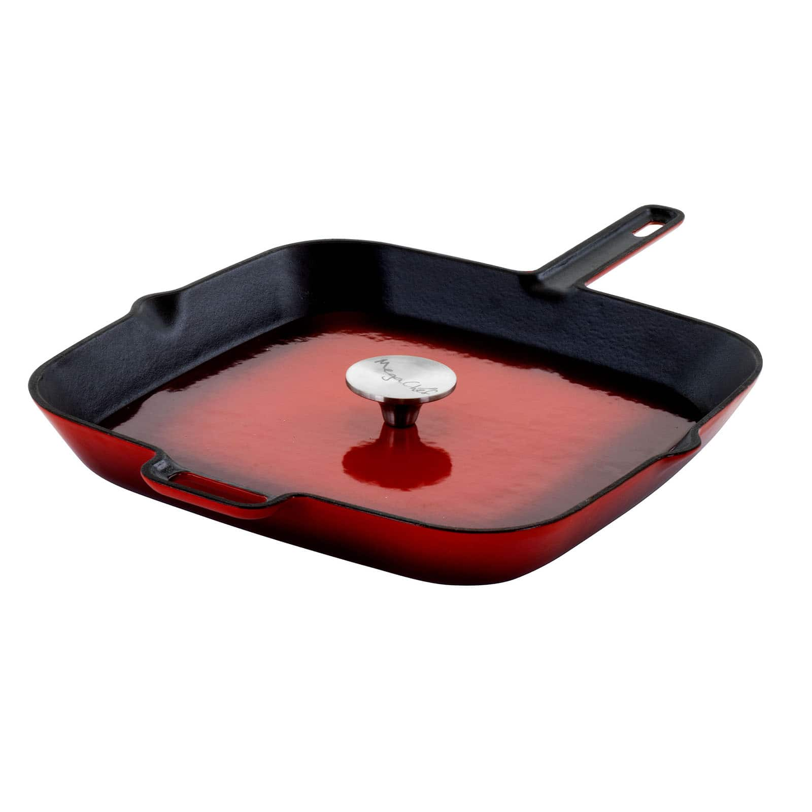 MegaChef 11 Square Enamel Cast Iron Grill Pan with Matching Grill Press in Red