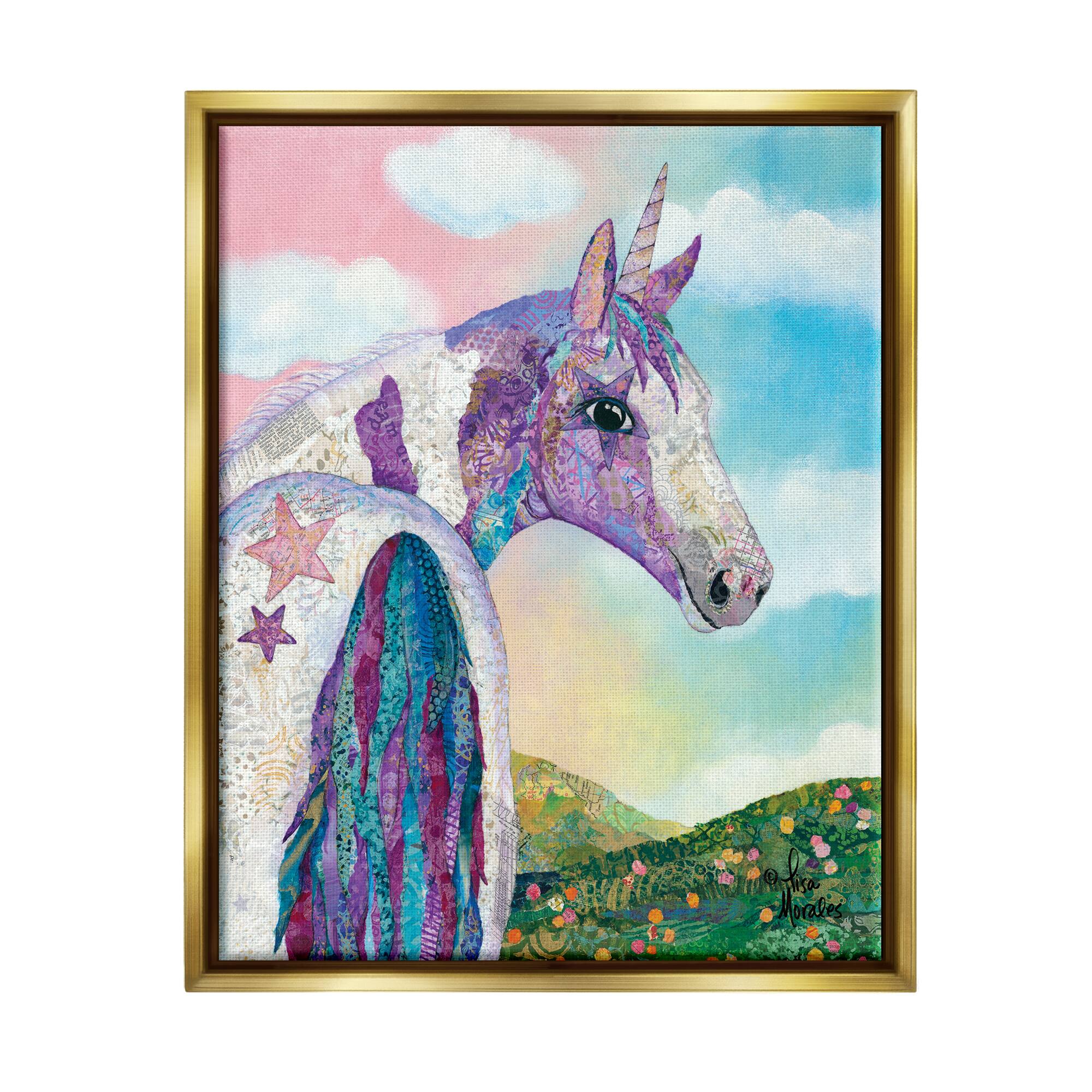 Stupell Industries Starry Eyed Unicorn Floral Fantasy Meadow Framed Floater Canvas Wall Art