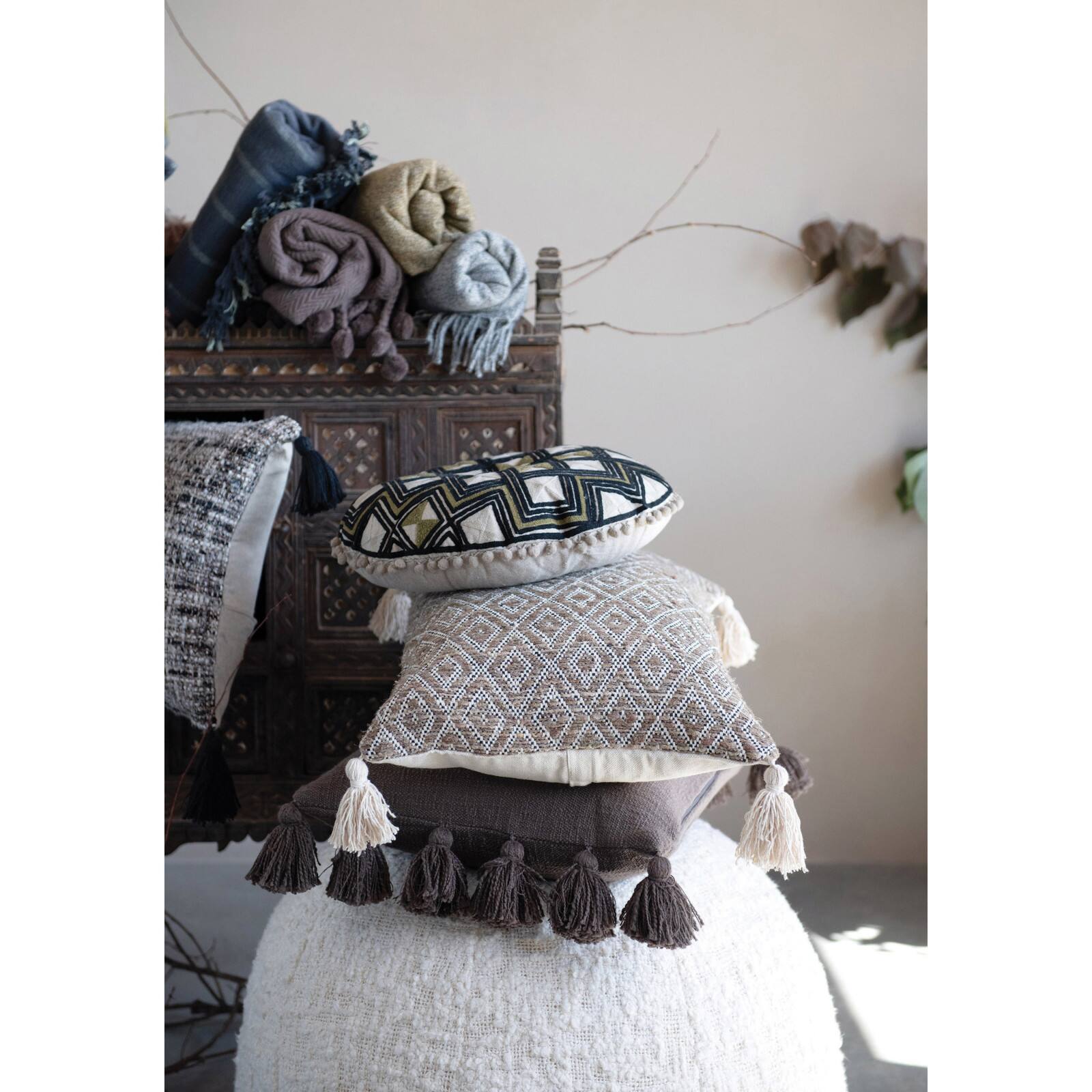 Hello Honey® Embroidered Cotton Pillow with Pom Poms