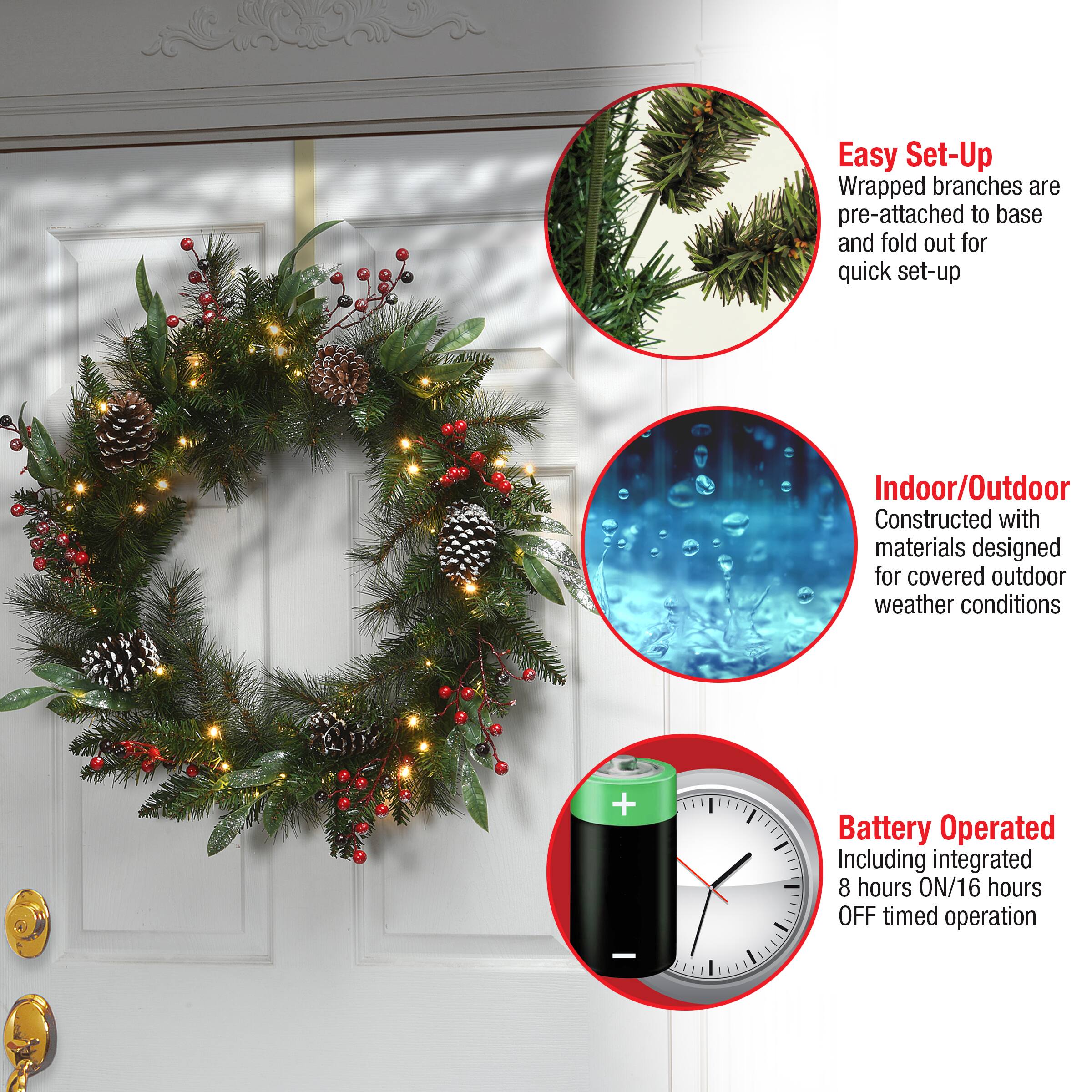 30" Frosted Pine Berry Collection Wreaths with Big White Edged Pine Cones, Red Berries, Silver Glittered Eucalyptus Leaves & Warm White LED Lights