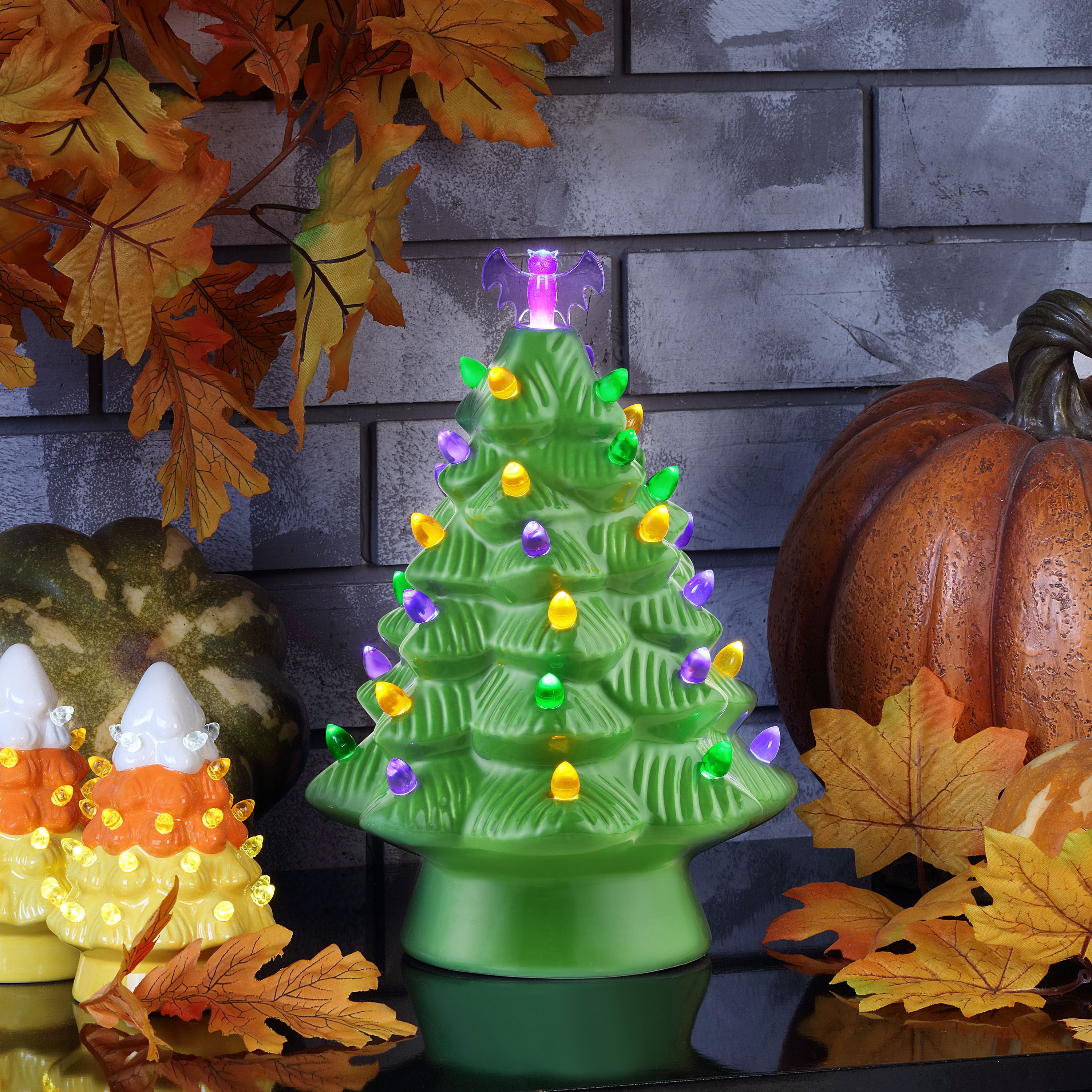 12" Green LED Illuminated Halloween Tree