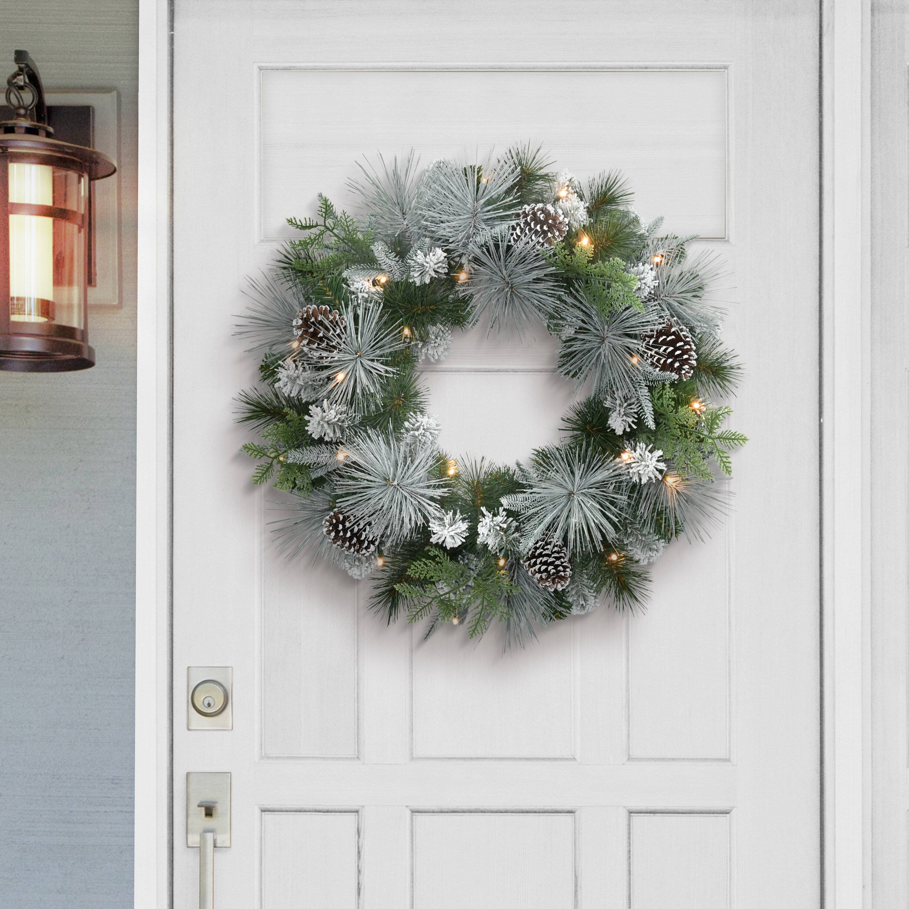 24" Pre-Lit Green Flocked Artificial Wreath with Pinecones