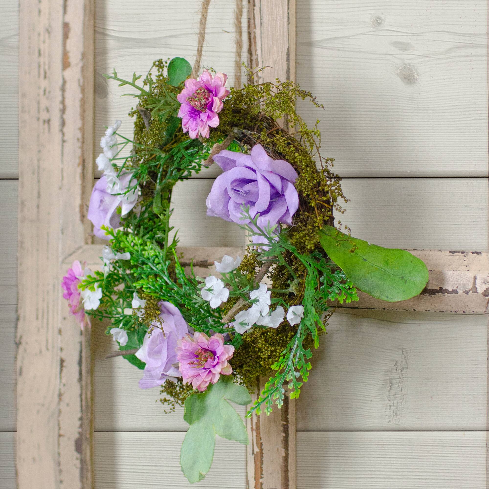 8&#x22; Pink &#x26; Purple Rose &#x26; Foliage Spring Wreath