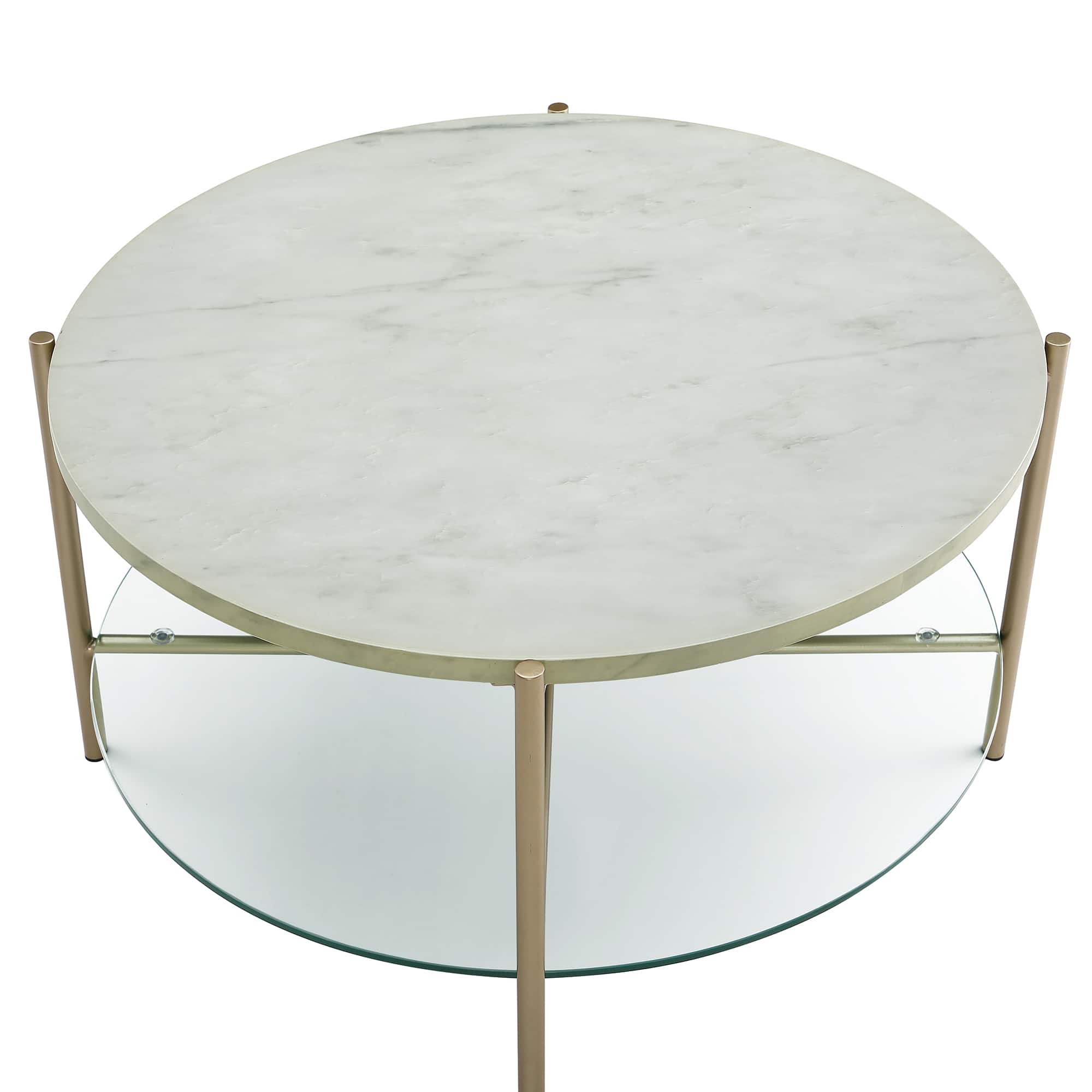 Faux White Marble, Glass & Gold Modern Round Coffee Table